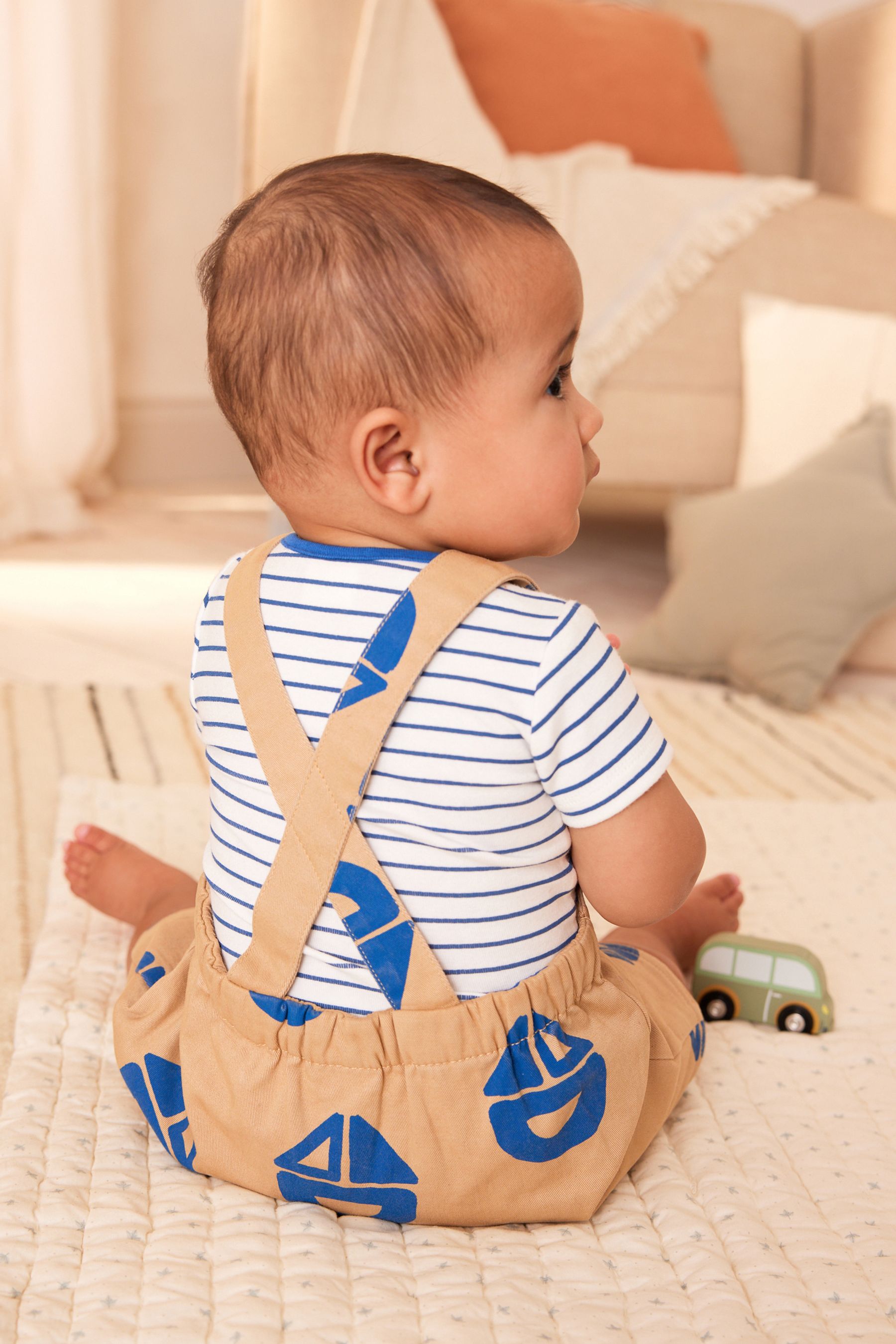 Brown/Navy Boat Baby Woven Dungarees and Bodysuit Set (0mths-2yrs)