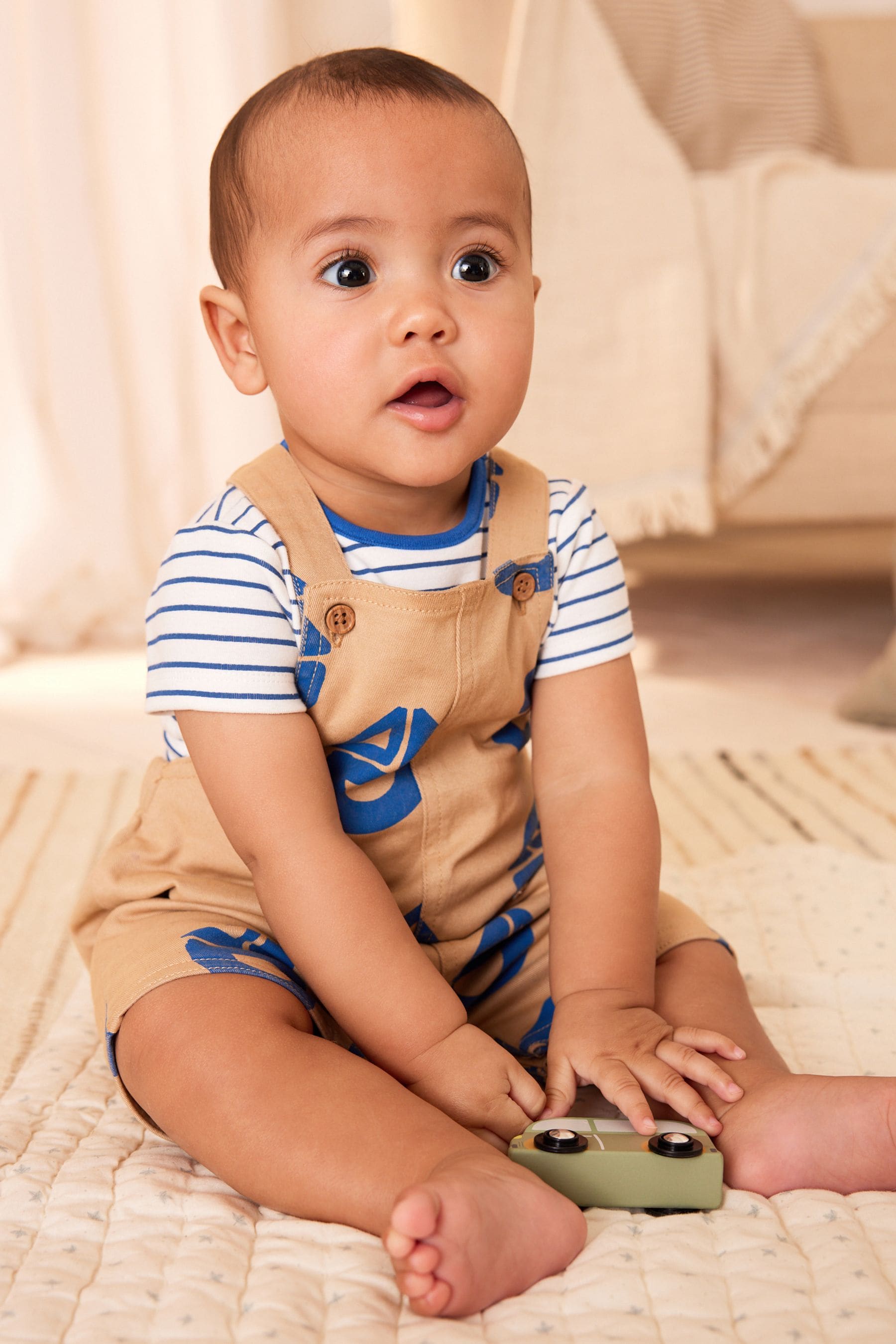 Brown/Navy Boat Baby Woven Dungarees and Bodysuit Set (0mths-2yrs)