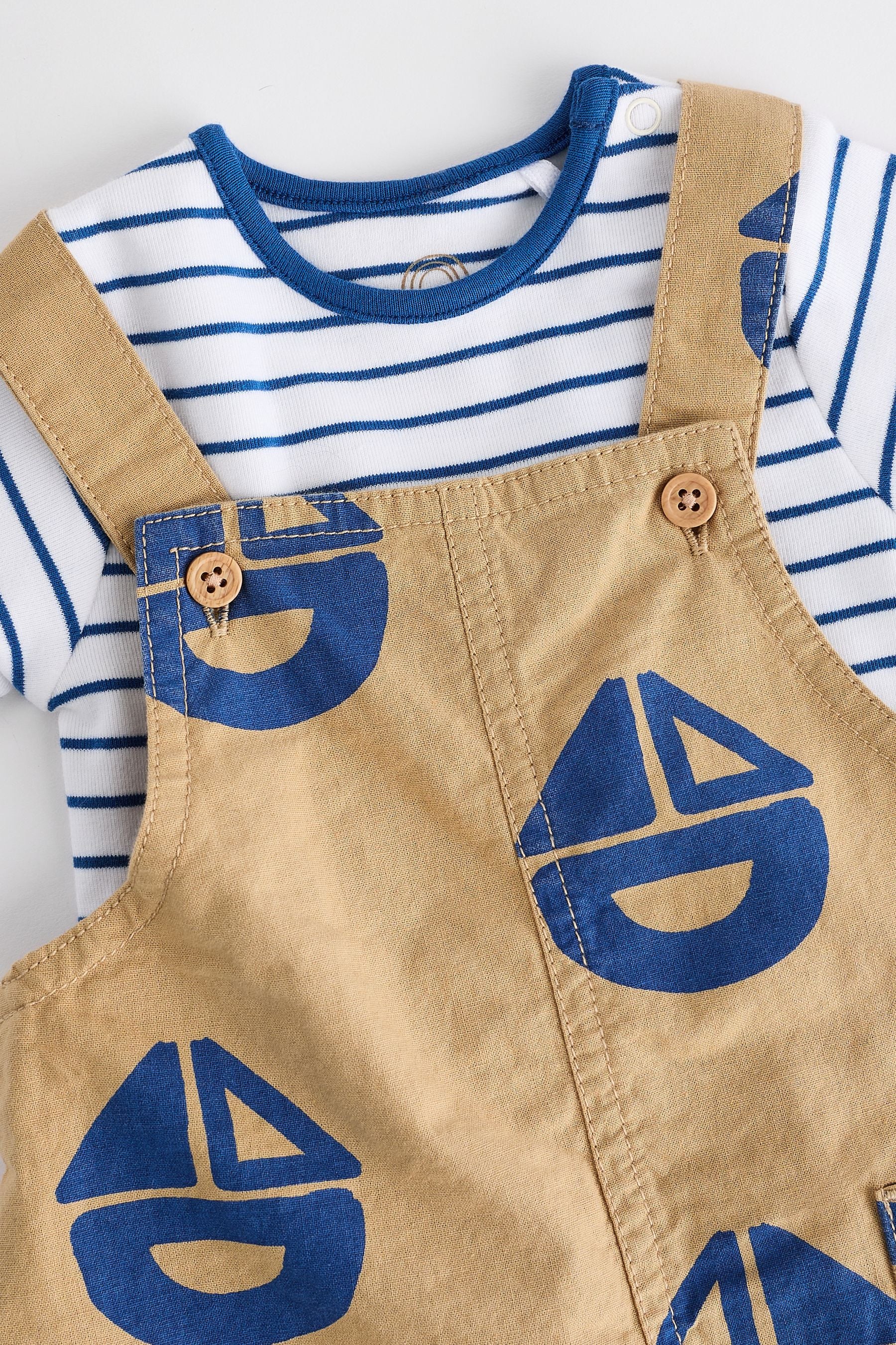 Brown/Navy Boat Baby Woven Dungarees and Bodysuit Set (0mths-2yrs)