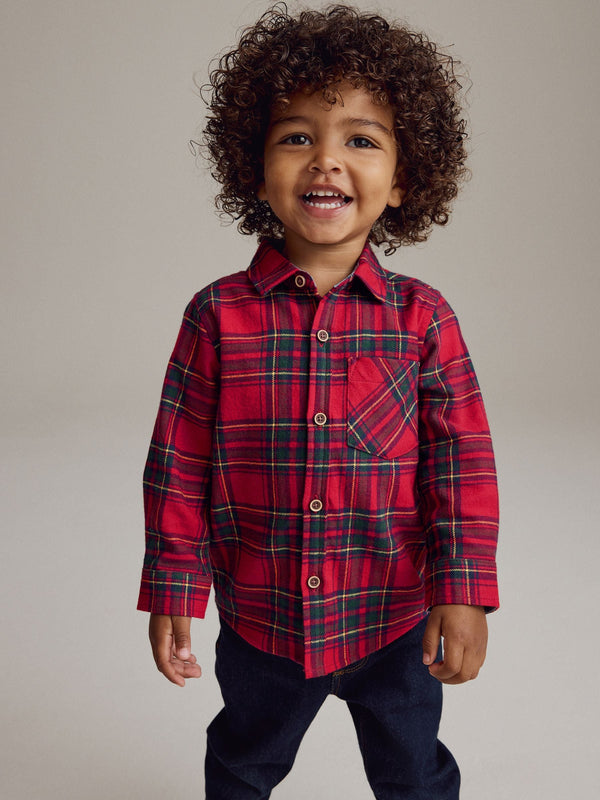 Red Tartan Plain Long Sleeve Check 100% Cotton Shirt (3mths-7yrs)