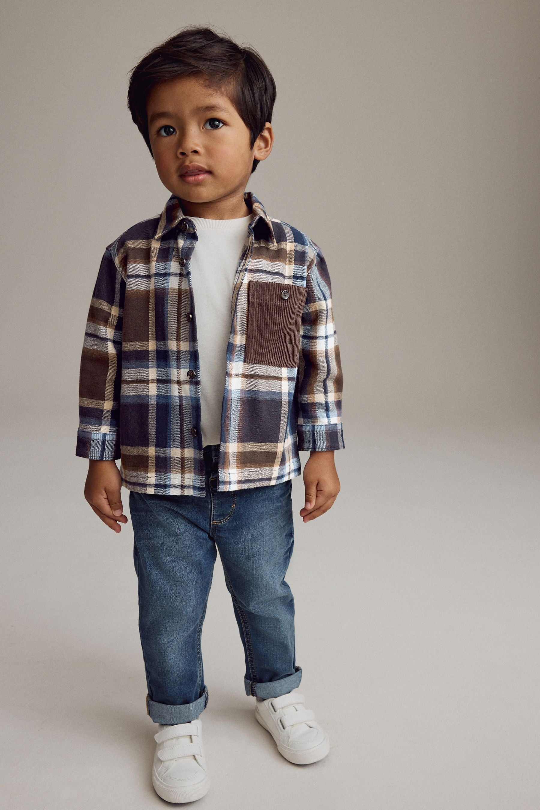 Navy/Brown Check Shirt Long Sleeve Check 100% Cotton Shirt (3mths-7yrs)