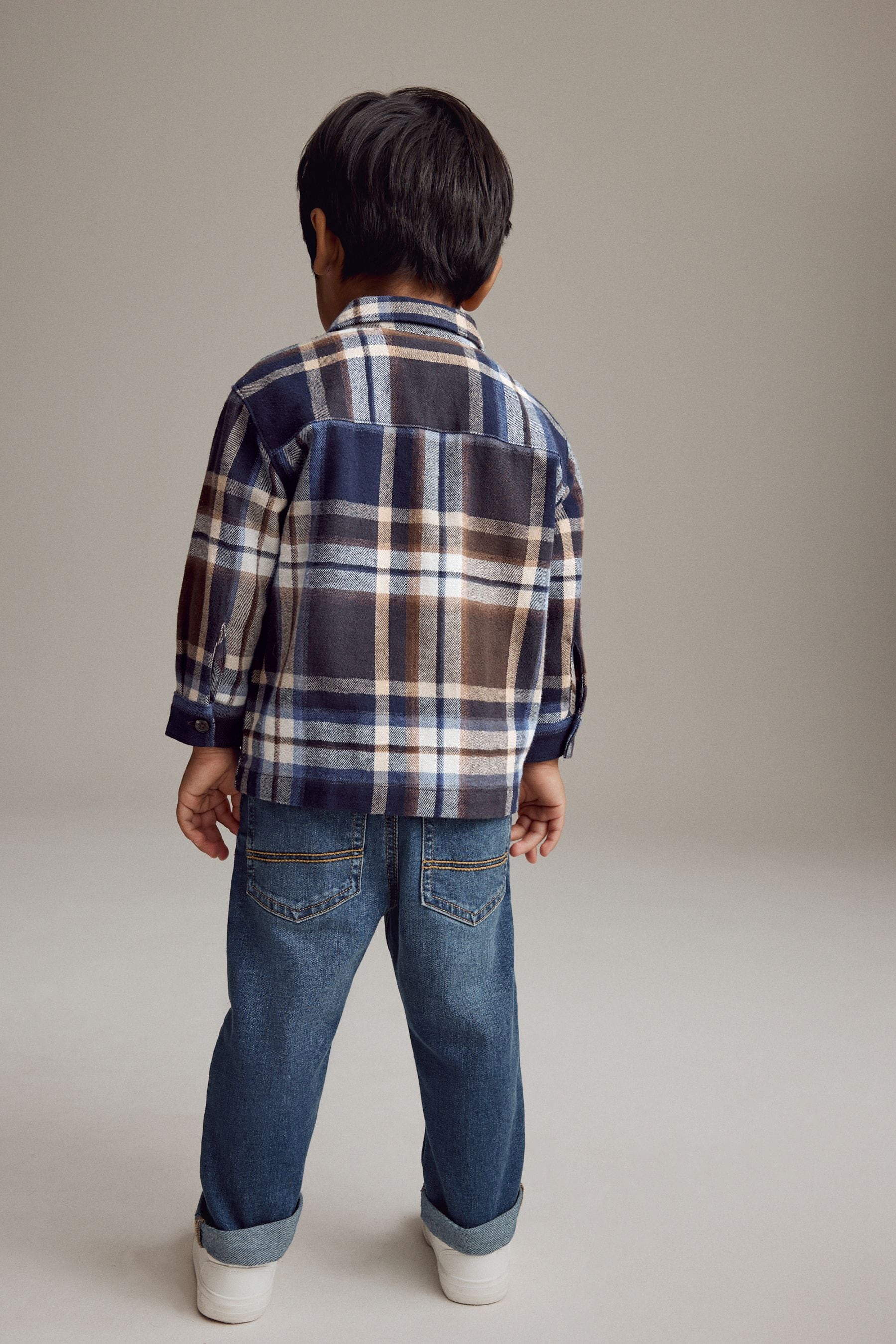 Navy/Brown Check Shirt Long Sleeve Check 100% Cotton Shirt (3mths-7yrs)