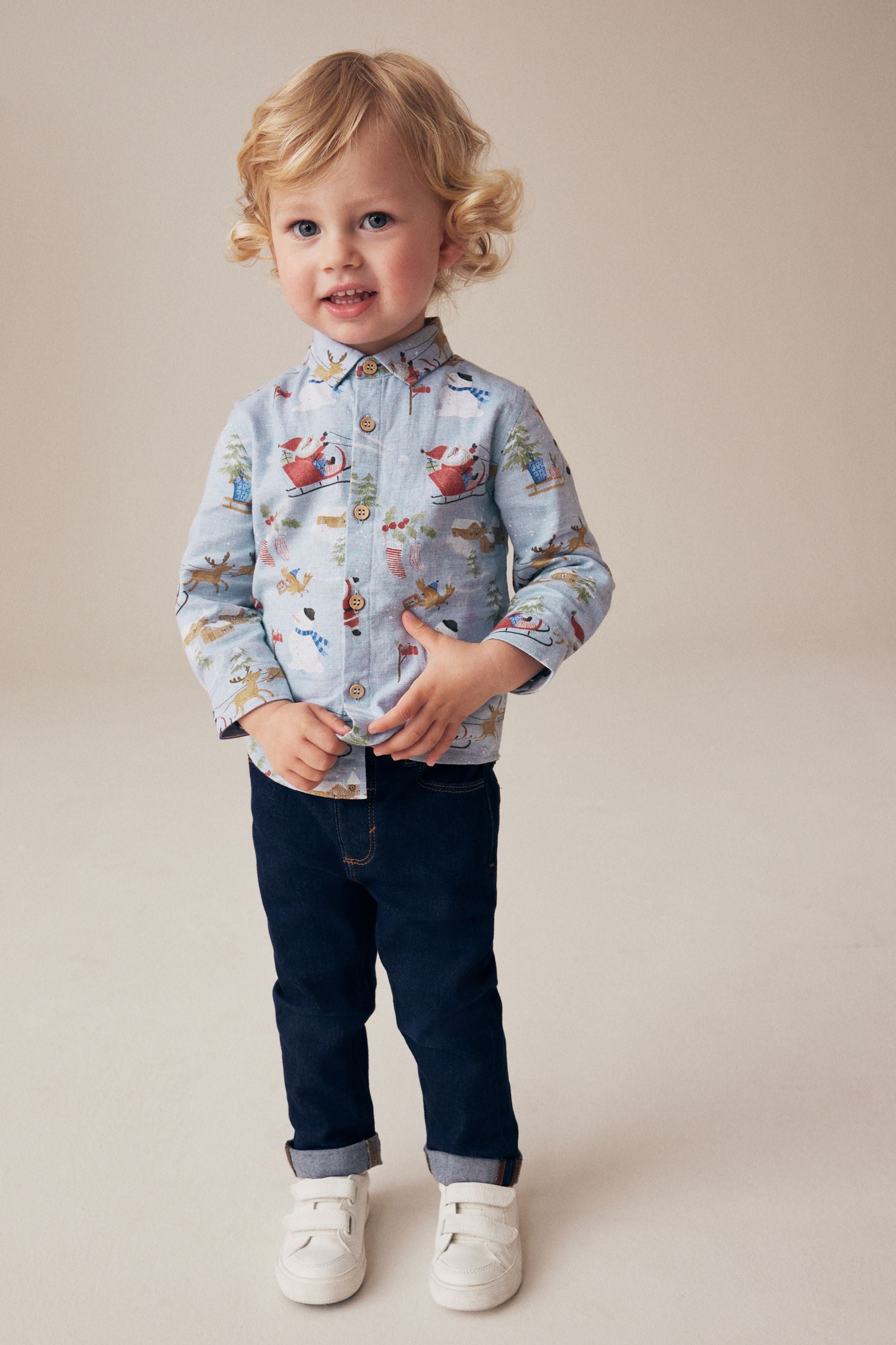 Blue Long Sleeve Printed Christmas 100% Cotton Shirt (3mths-7yrs)