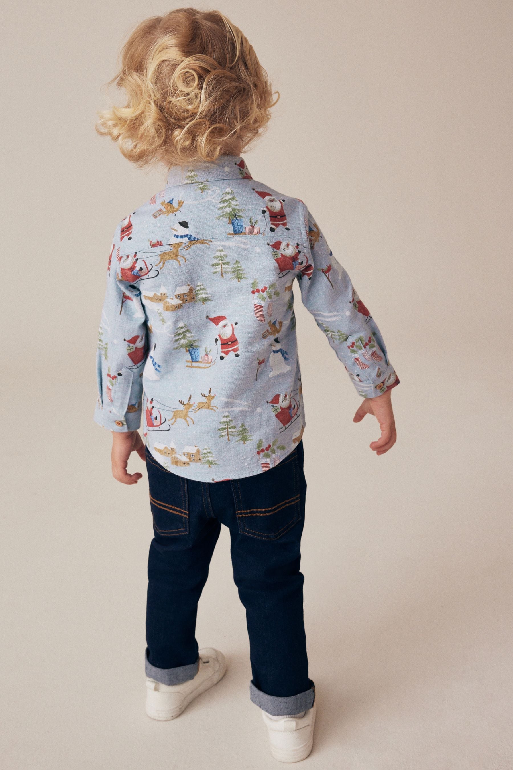 Blue Long Sleeve Printed Christmas 100% Cotton Shirt (3mths-7yrs)