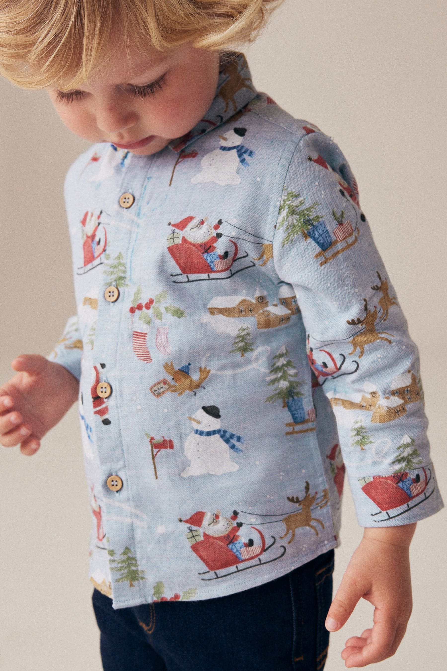 Blue Long Sleeve Printed Christmas 100% Cotton Shirt (3mths-7yrs)