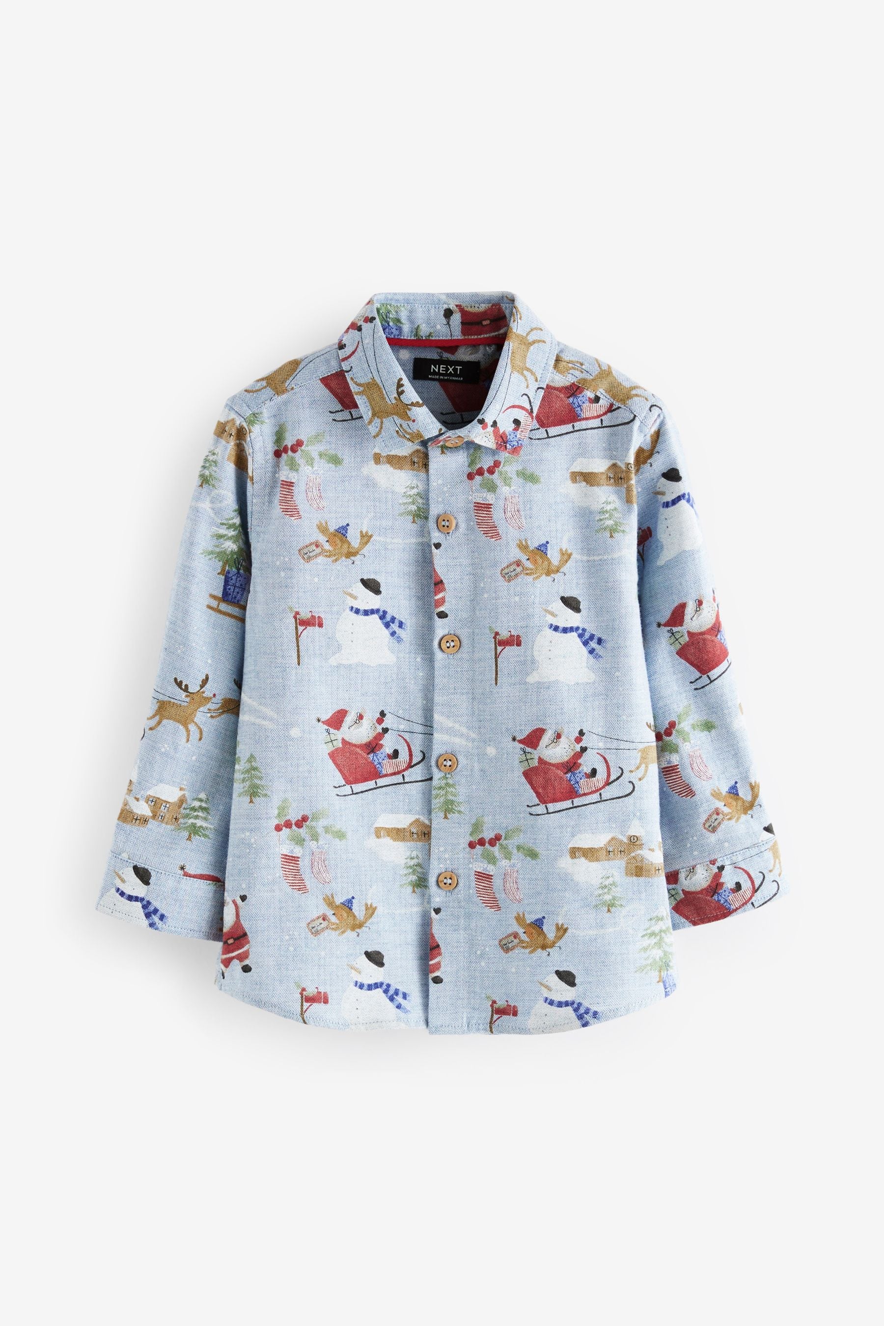 Blue Long Sleeve Printed Christmas 100% Cotton Shirt (3mths-7yrs)