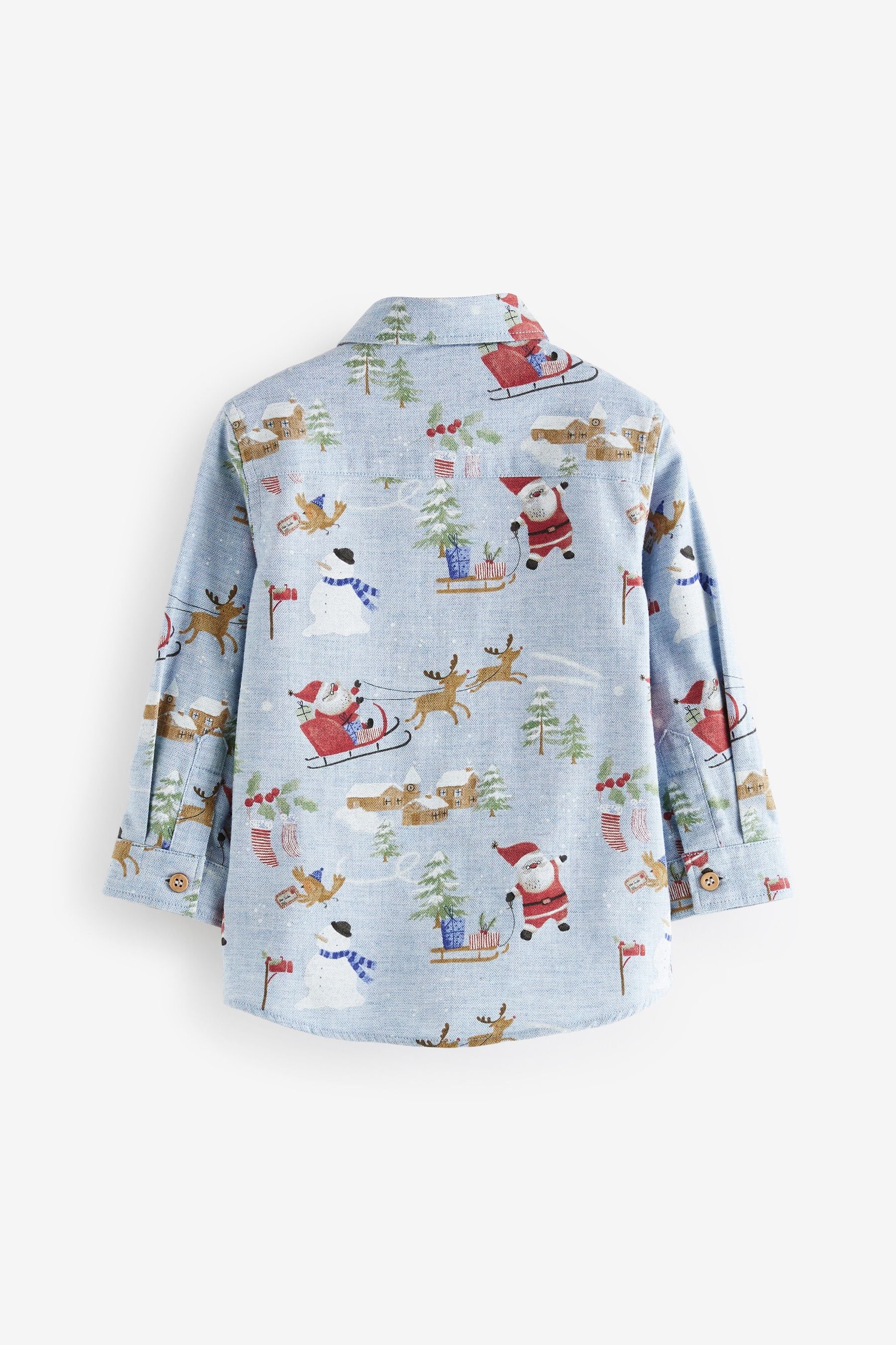 Blue Long Sleeve Printed Christmas 100% Cotton Shirt (3mths-7yrs)