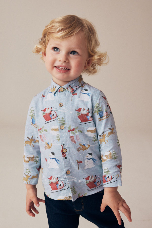 Blue Long Sleeve Printed Christmas 100% Cotton Shirt (3mths-7yrs)