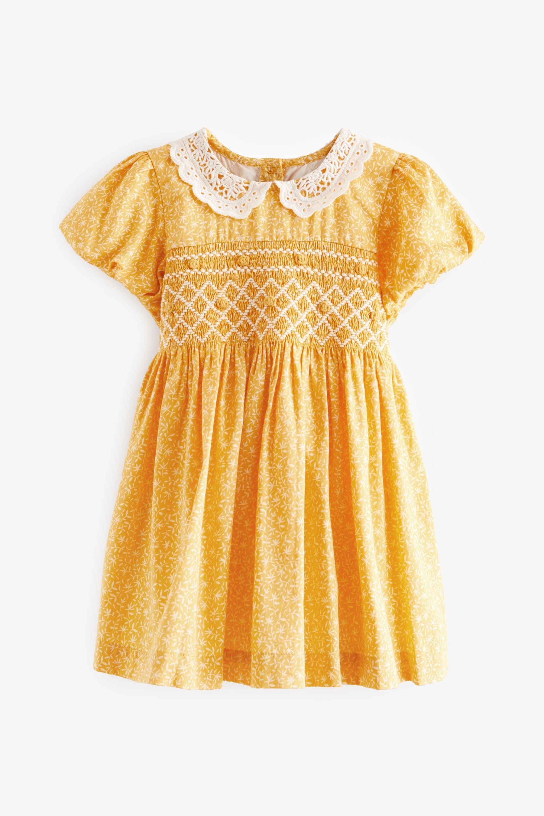 Yellow Lace Collar Shirred Dress (3mths-8yrs)