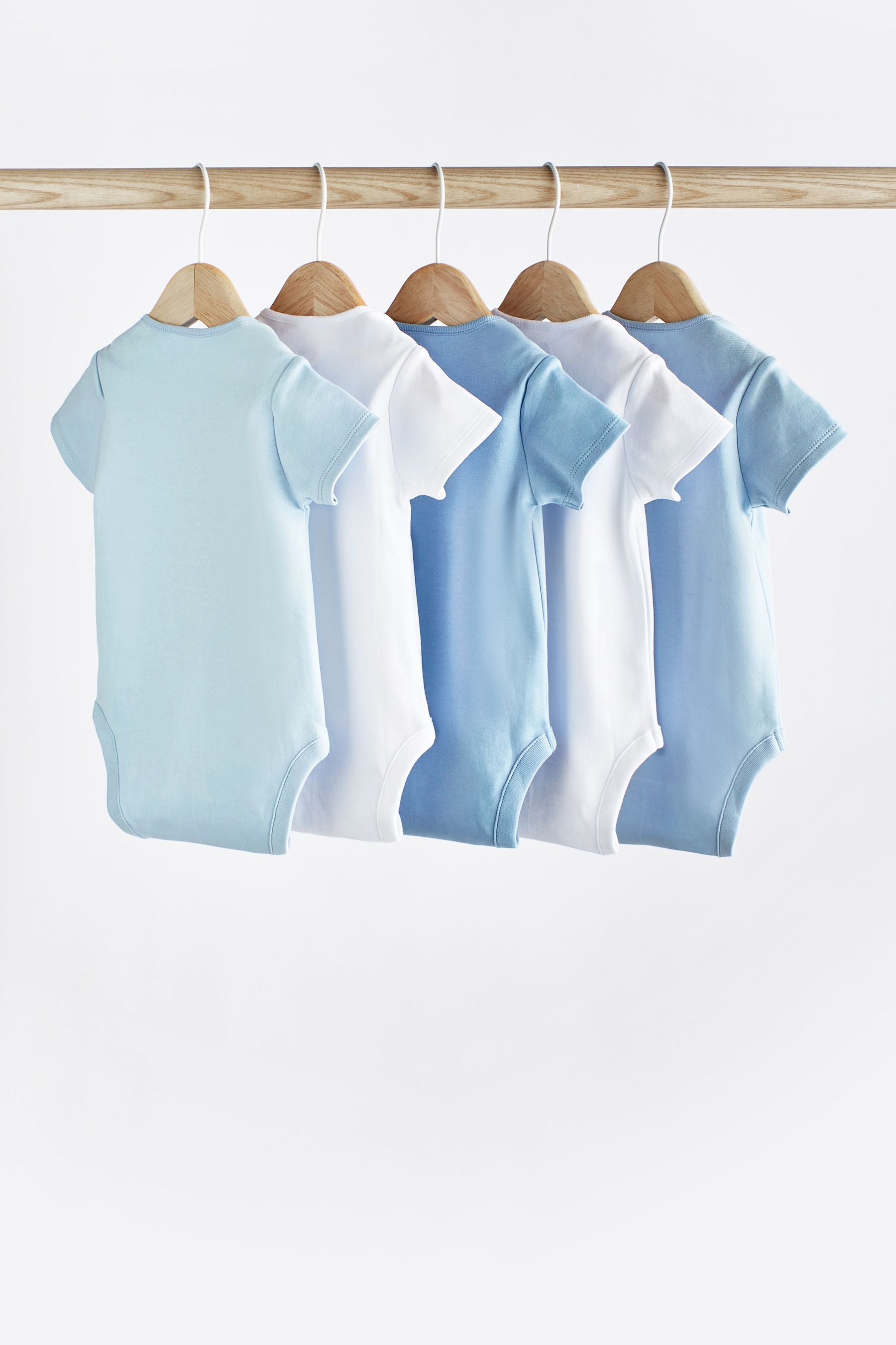 Blue/White 5 Pack Plain Baby Bodysuits