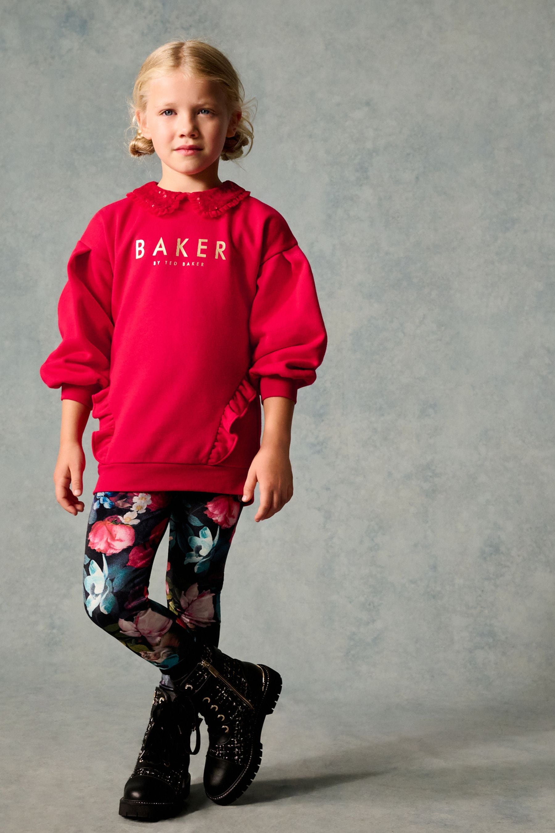 Baker by Ted Baker Red Sequin Collar Longline Sweat and Floral Leggings Set