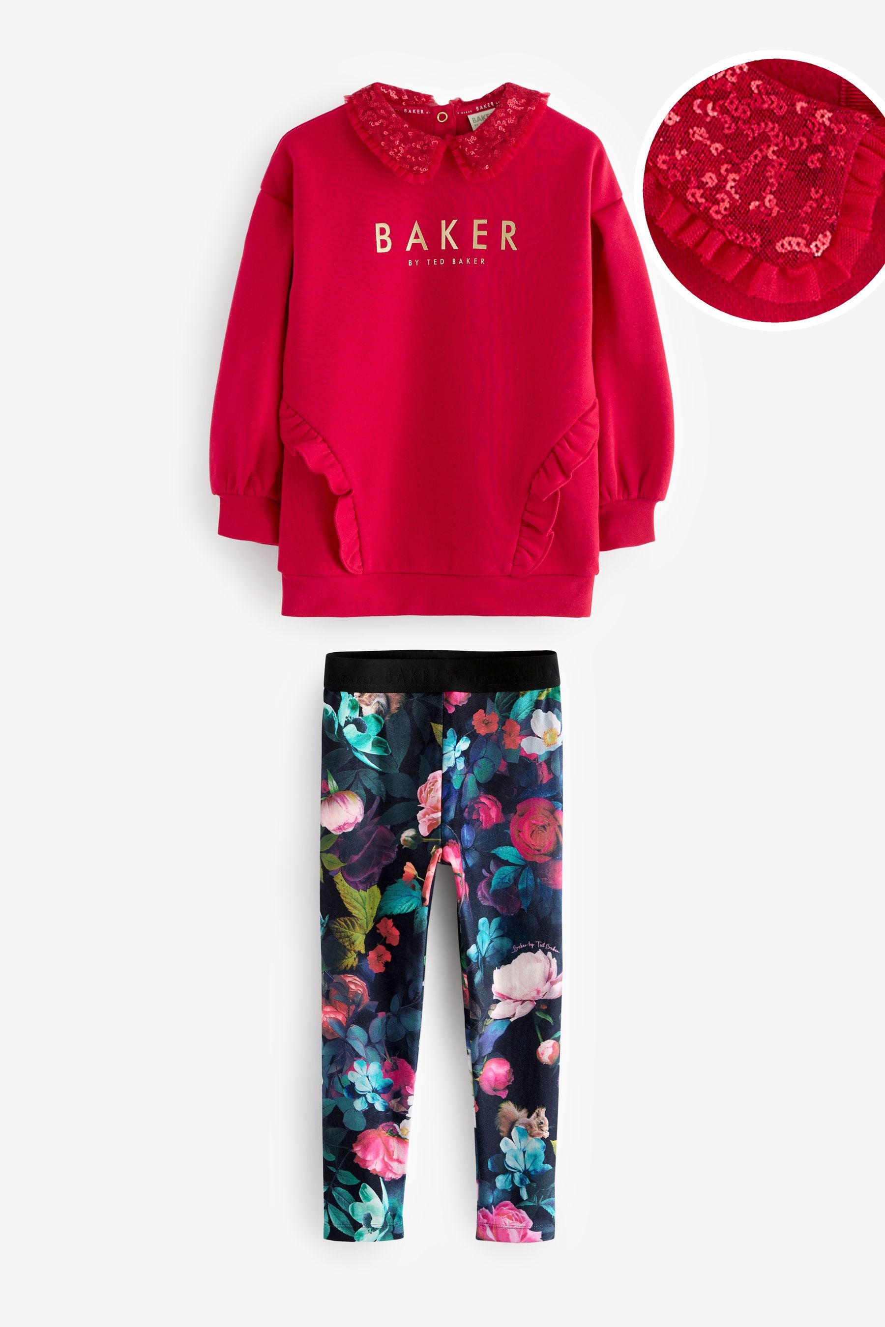 Baker by Ted Baker Red Sequin Collar Longline Sweat and Floral Leggings Set