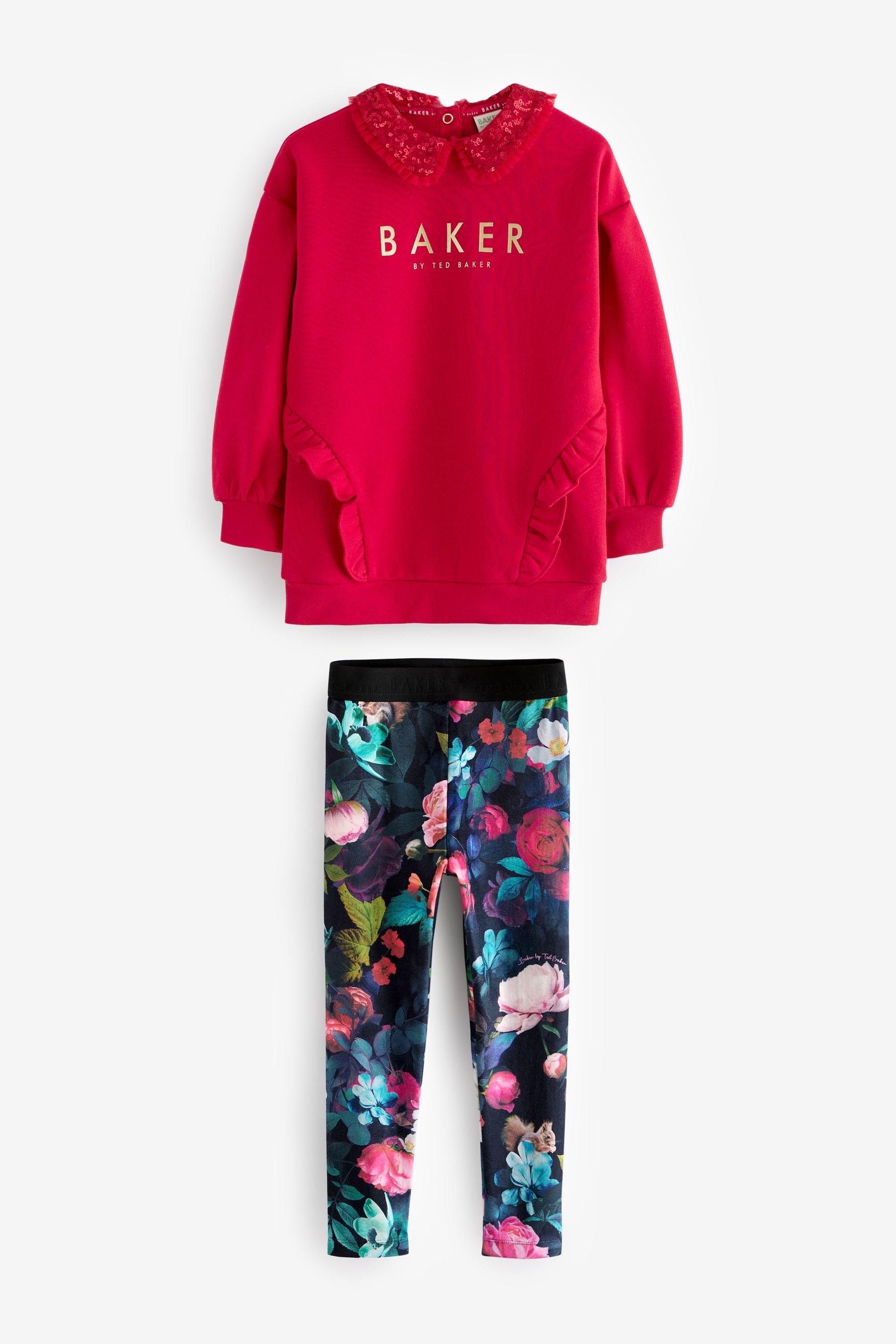 Baker by Ted Baker Red Sequin Collar Longline Sweat and Floral Leggings Set