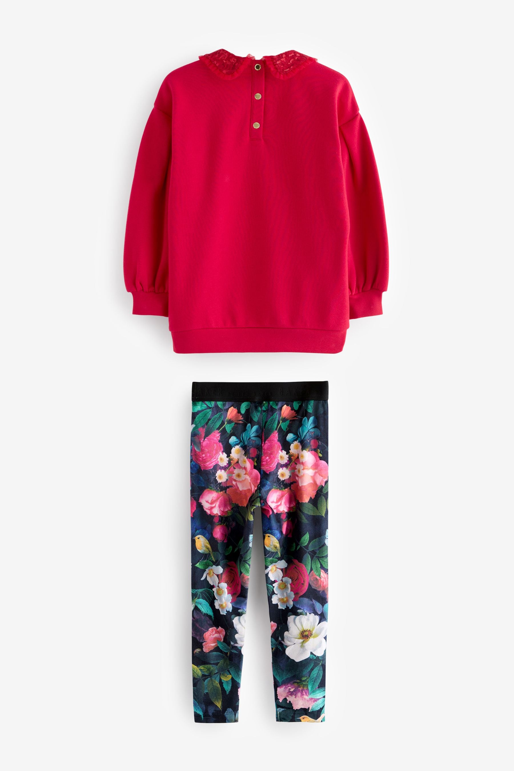 Baker by Ted Baker Red Sequin Collar Longline Sweat and Floral Leggings Set