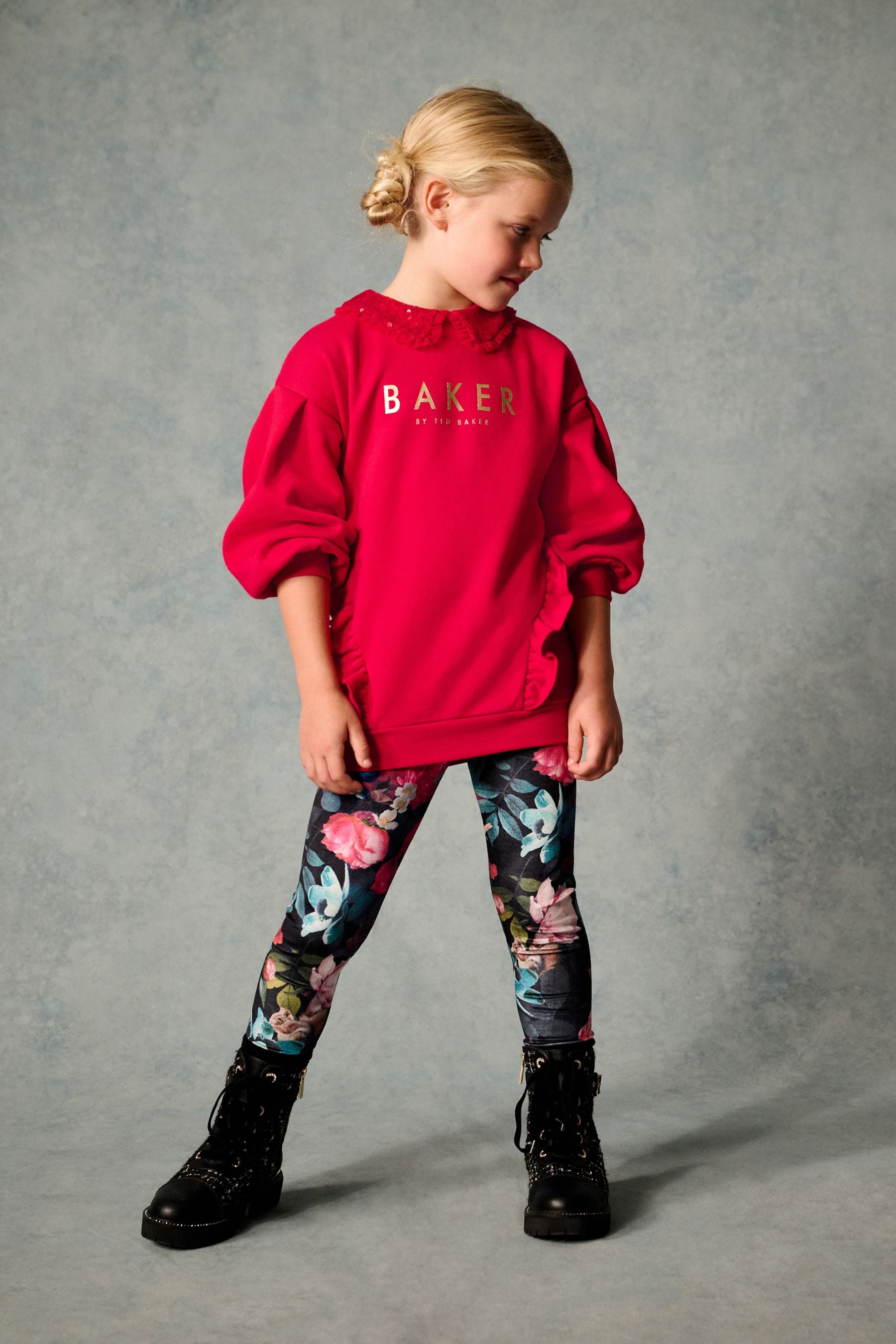 Baker by Ted Baker Red Sequin Collar Longline Sweat and Floral Leggings Set