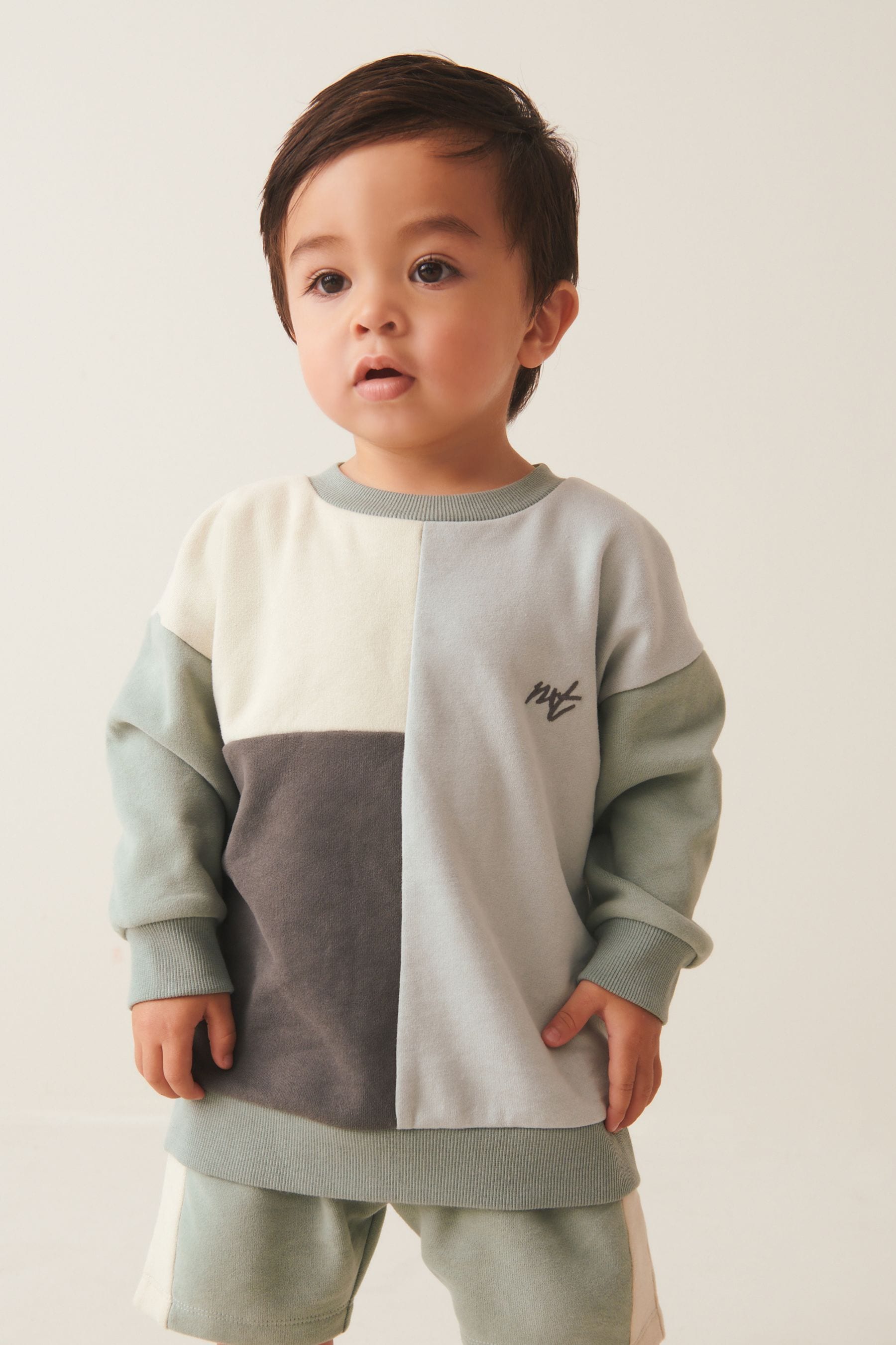 Mineral Blue/Mint Green Oversized Colourblock 100% Cotton Sweatshirt and Shorts Set (3mths-7yrs)