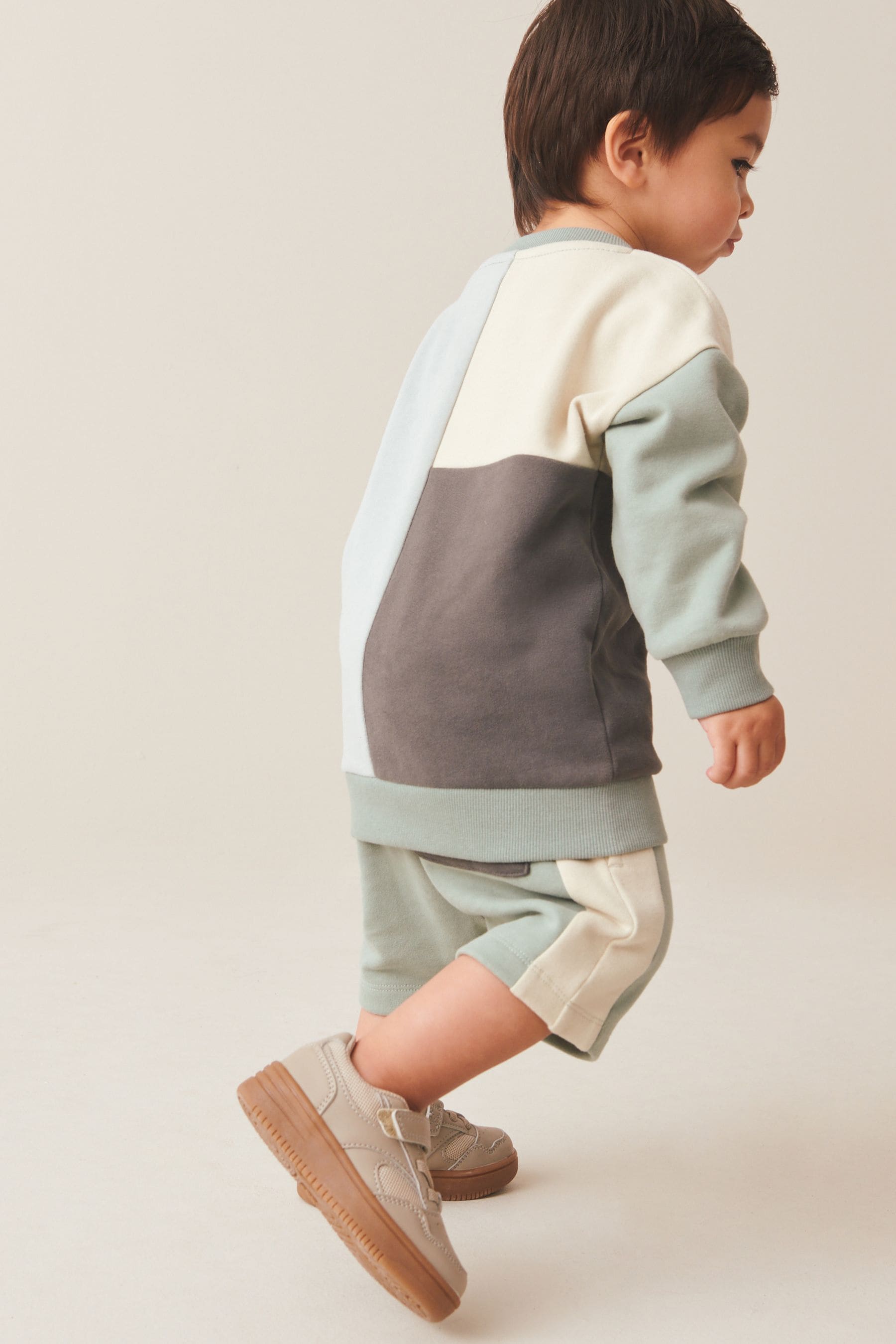 Mineral Blue/Mint Green Oversized Colourblock 100% Cotton Sweatshirt and Shorts Set (3mths-7yrs)