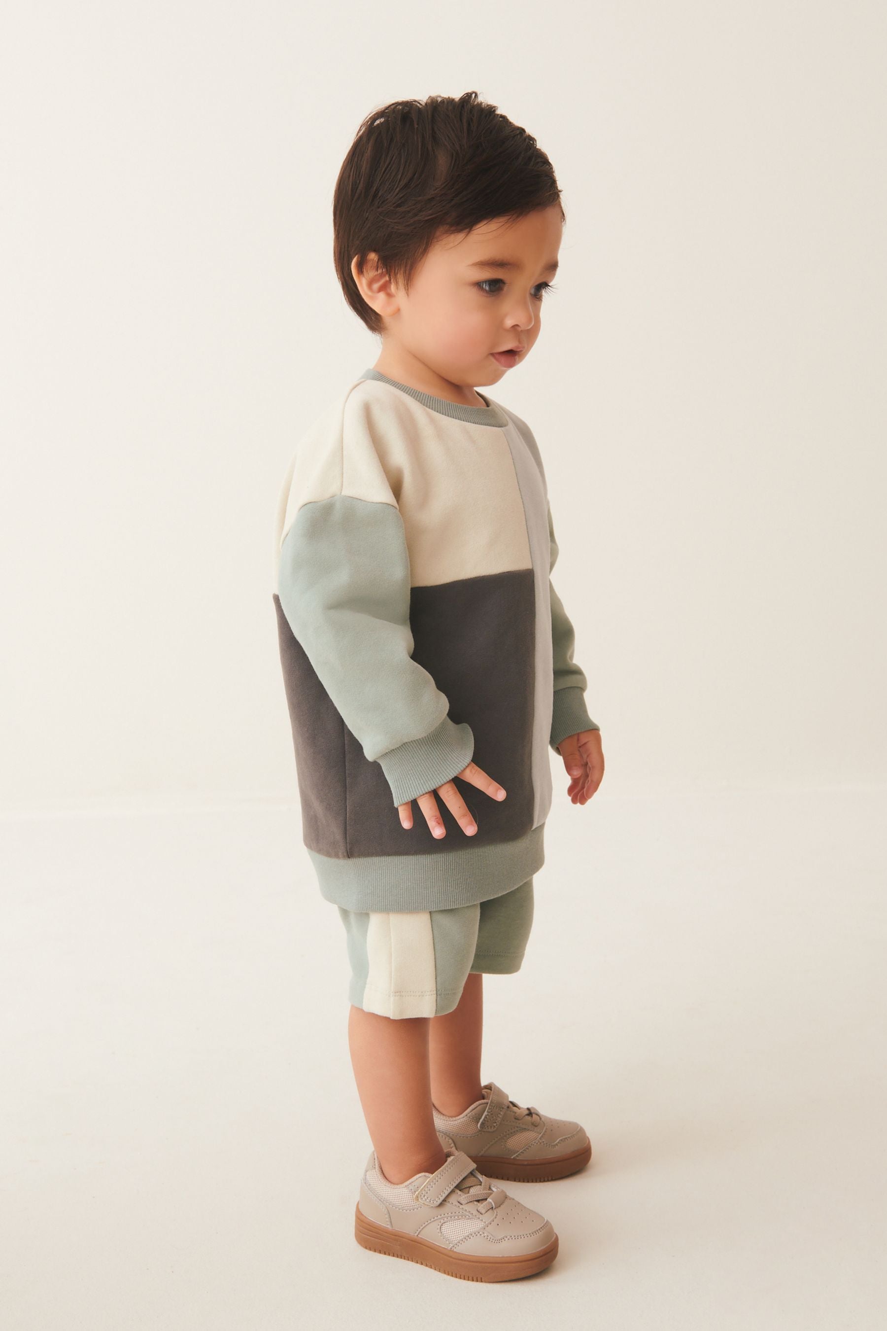 Mineral Blue/Mint Green Oversized Colourblock 100% Cotton Sweatshirt and Shorts Set (3mths-7yrs)