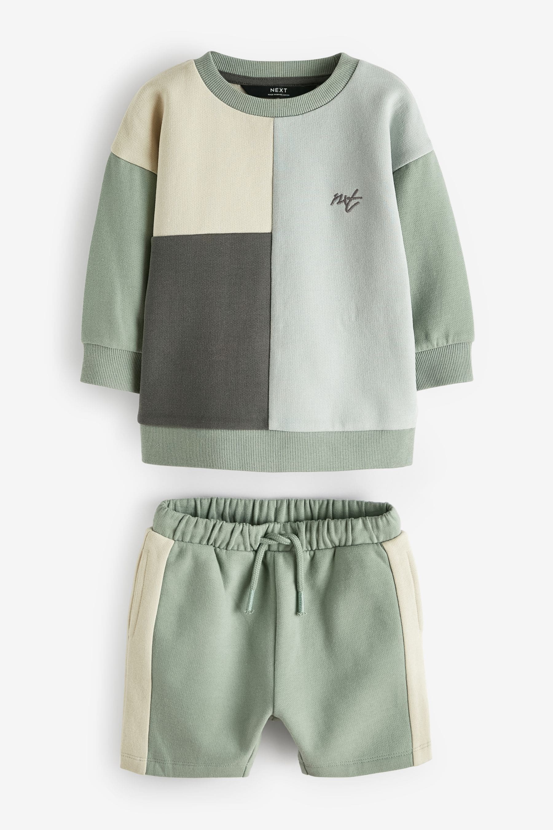 Mineral Blue/Mint Green Oversized Colourblock 100% Cotton Sweatshirt and Shorts Set (3mths-7yrs)