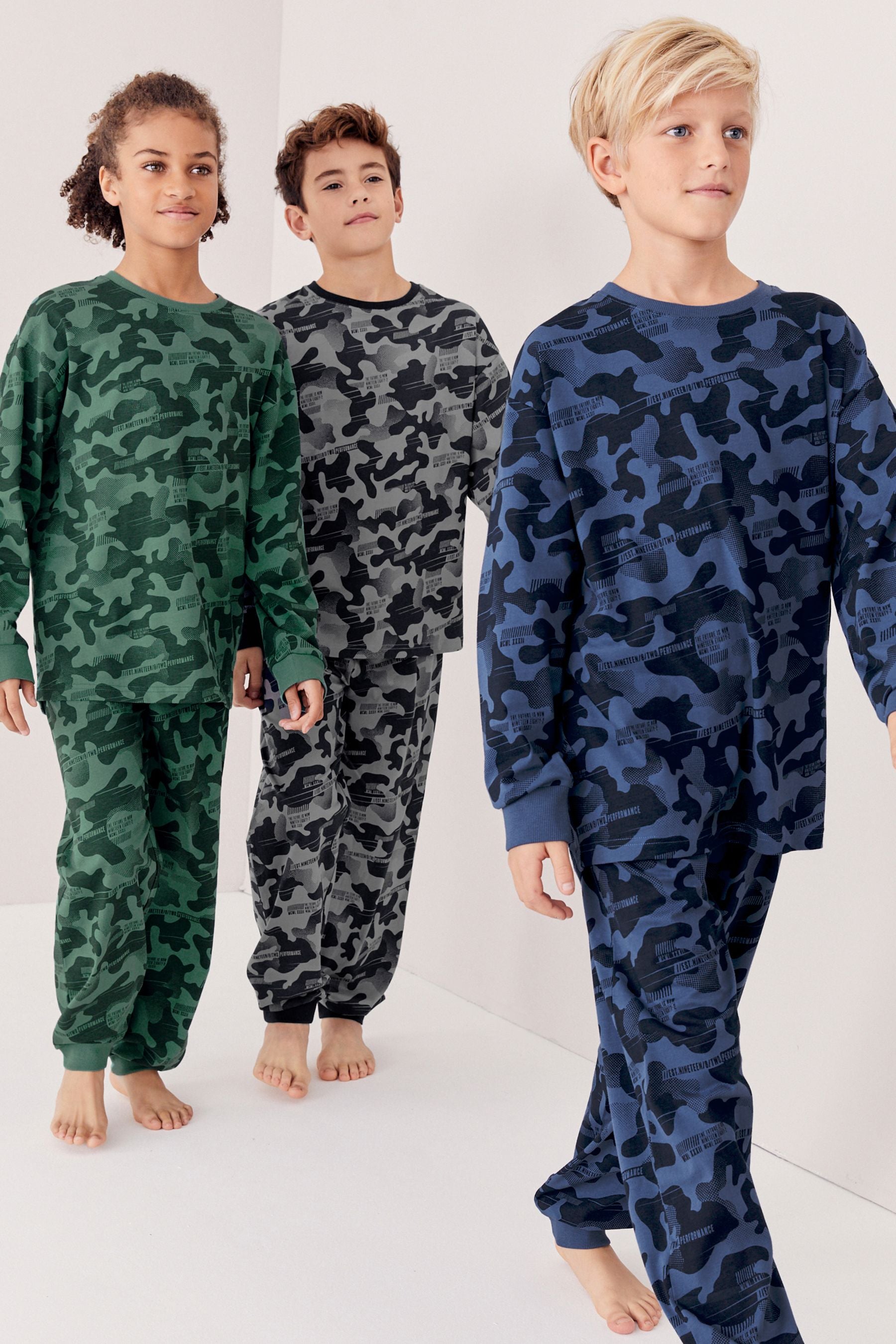 Grey/Blue/Green Camouflage 3 Pack 100% Cotton Long Sleeve Pyjamas (3-16yrs)