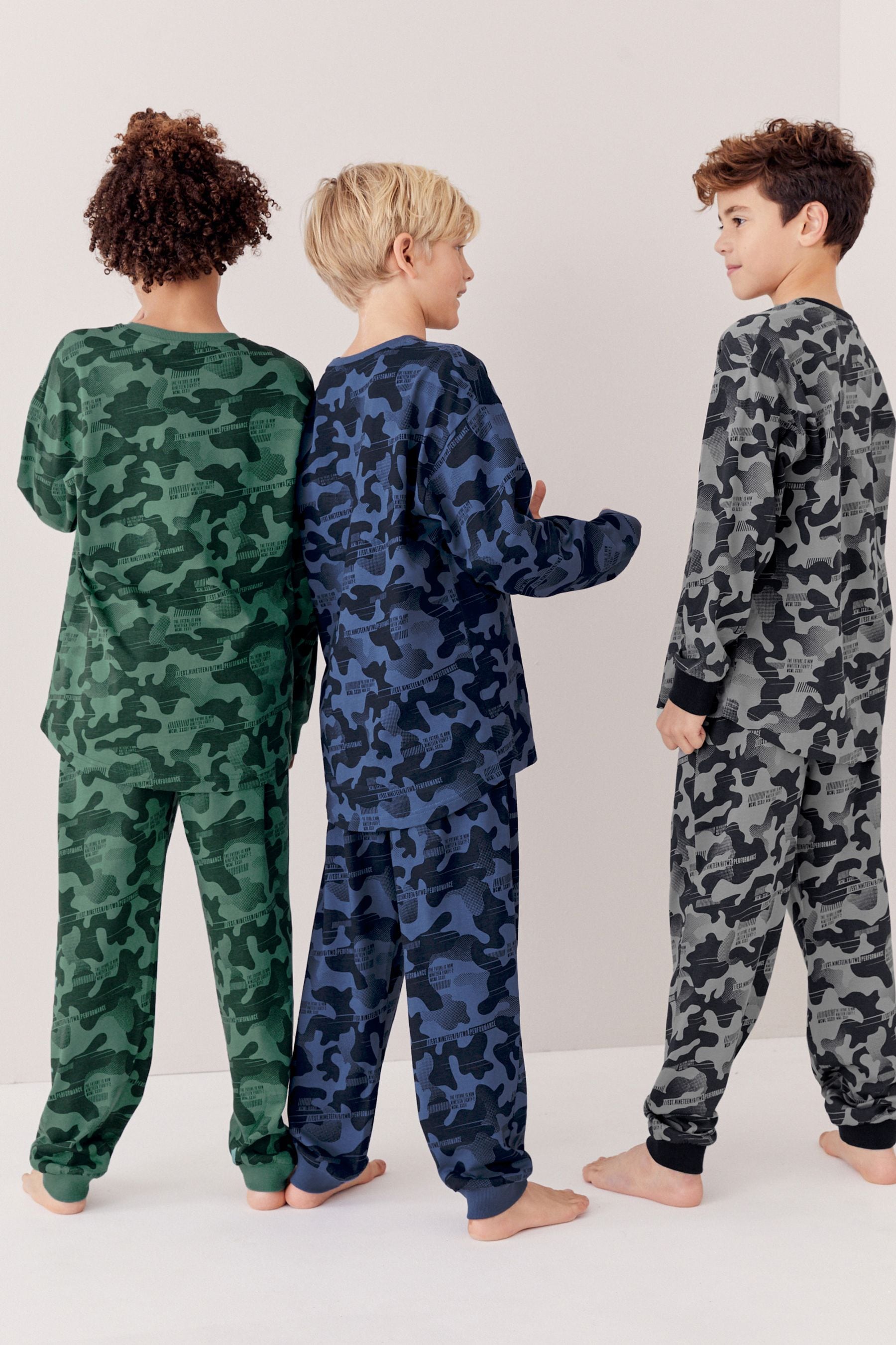 Grey/Blue/Green Camouflage 3 Pack 100% Cotton Long Sleeve Pyjamas (3-16yrs)