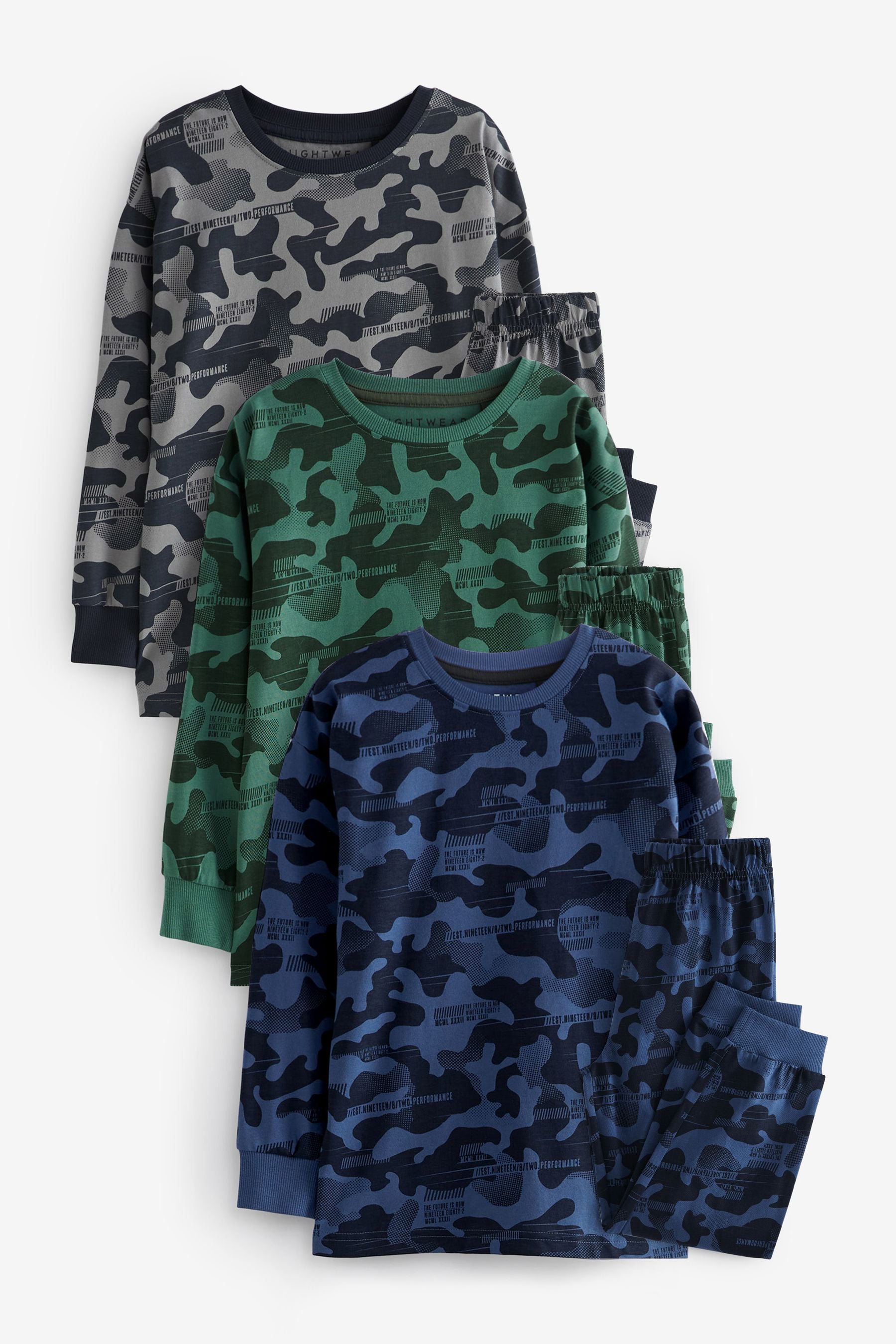 Grey/Blue/Green Camouflage 3 Pack 100% Cotton Long Sleeve Pyjamas (3-16yrs)