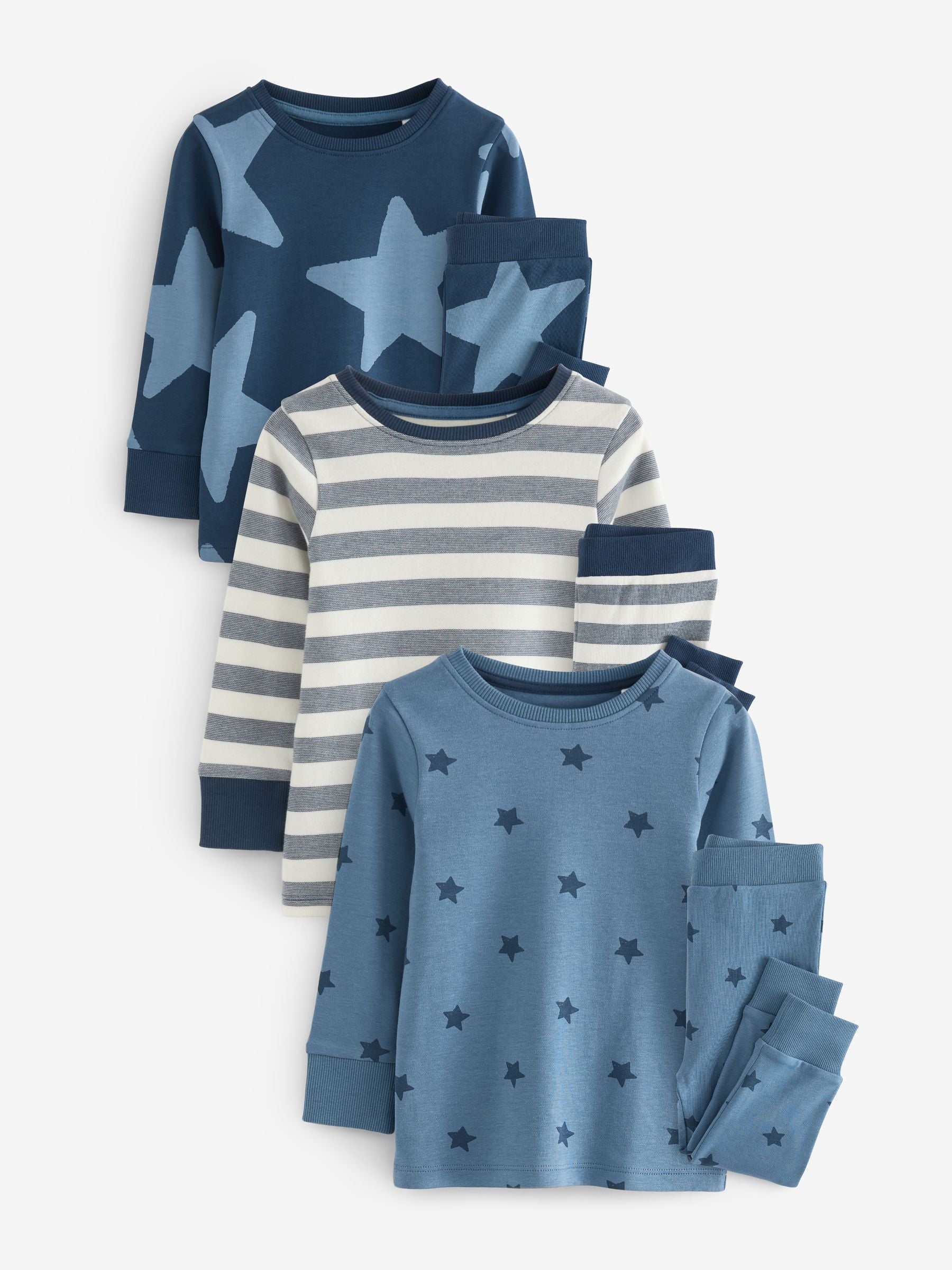 Blue/White Stars 3 Pack Snuggle 100% Cotton Pyjamas (9mths-10yrs)