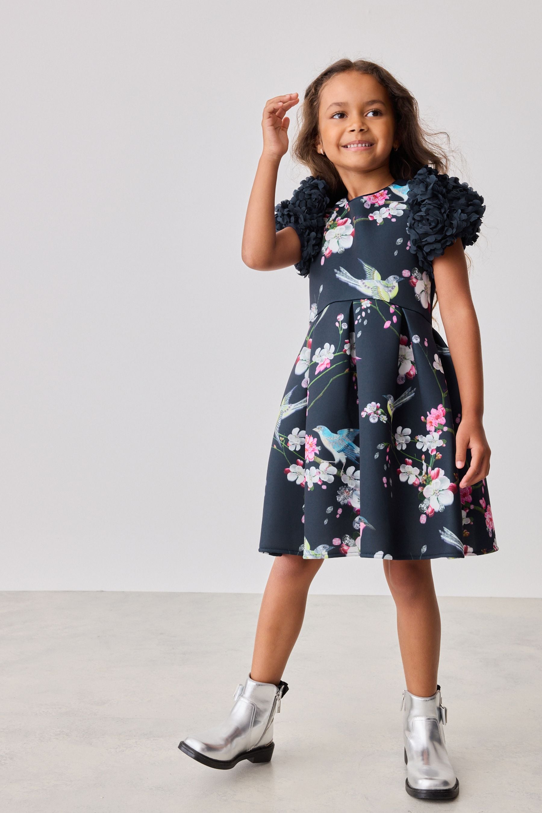 Baker by Ted Baker Navy Floral Ruffle Sleeve Dress