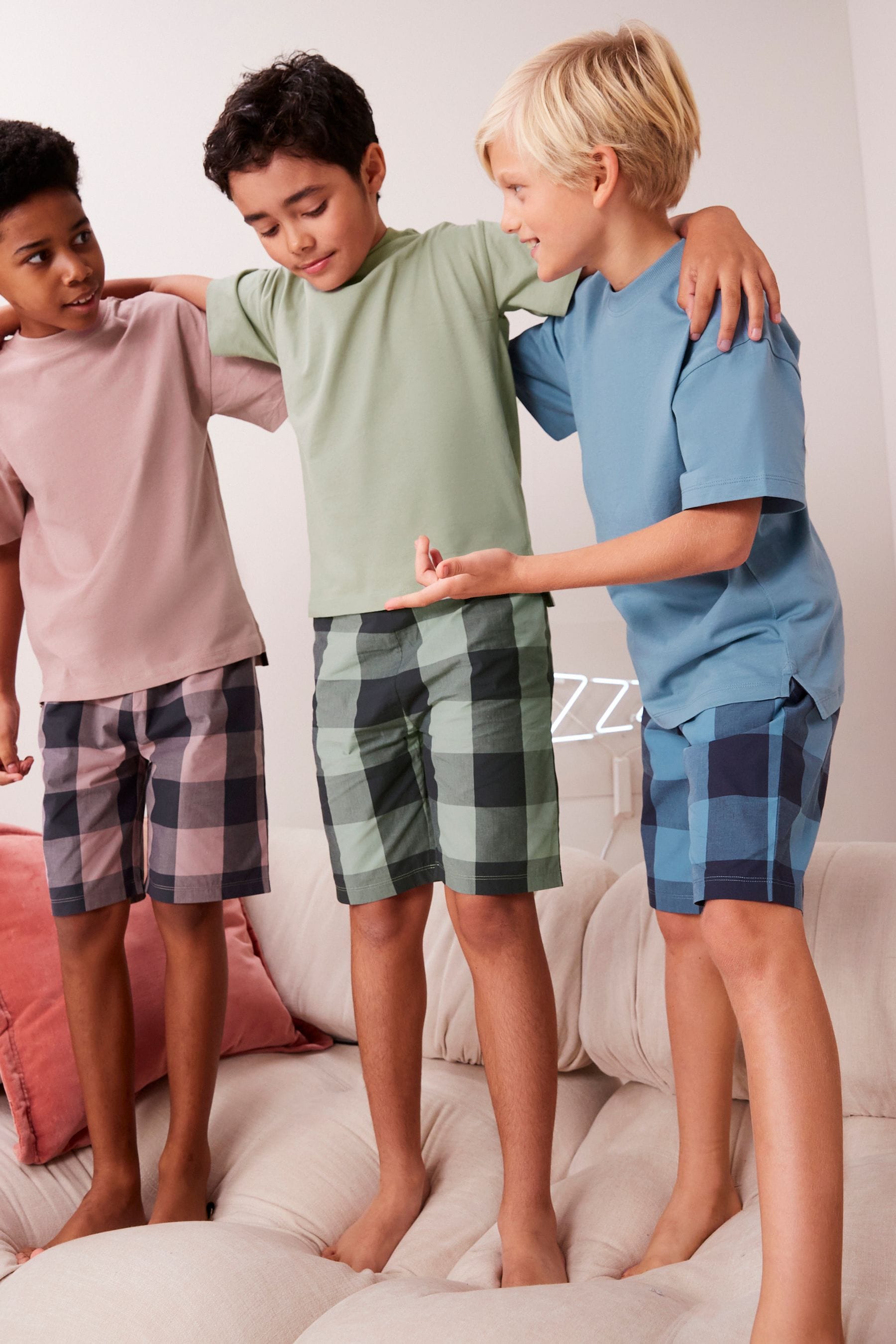 Khaki/Lilac 100% Cotton Woven Check Short Pyjamas 3 Pack (3-16yrs)