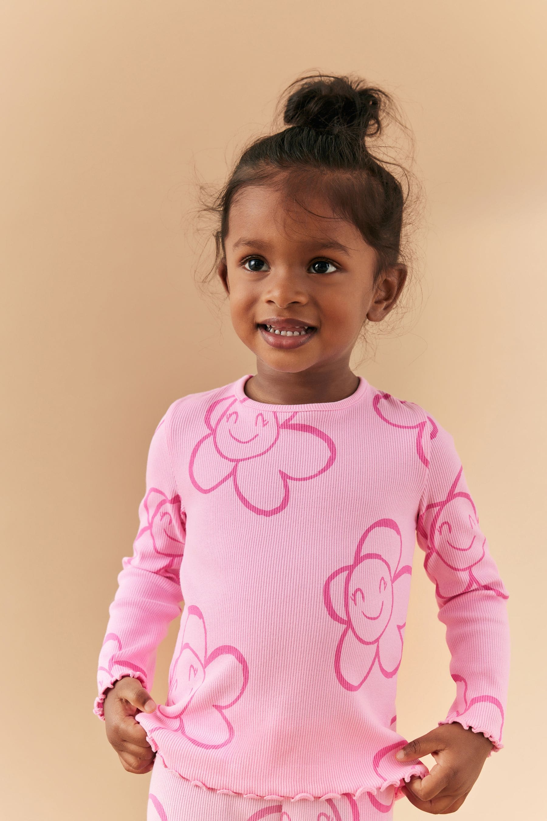 Pink Smile Flower Cotton Rich Long Sleeve Rib T-Shirt (3mths-7yrs)