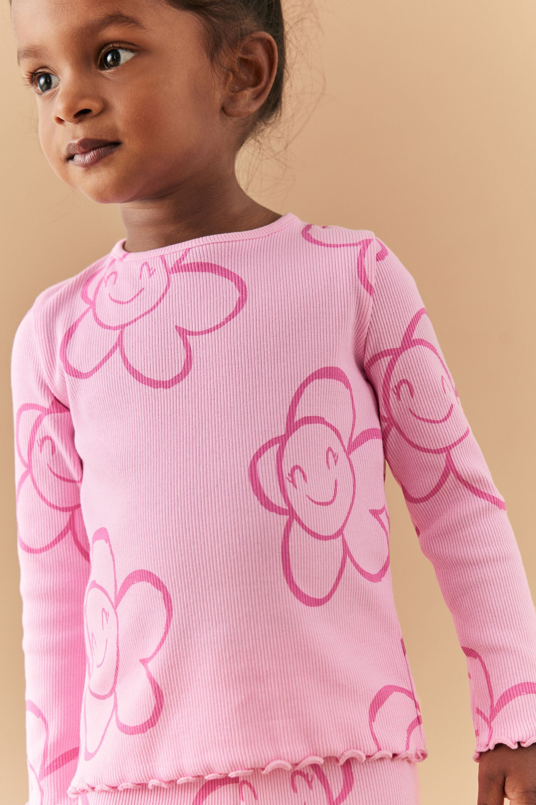 Pink Smile Flower Cotton Rich Long Sleeve Rib T-Shirt (3mths-7yrs)