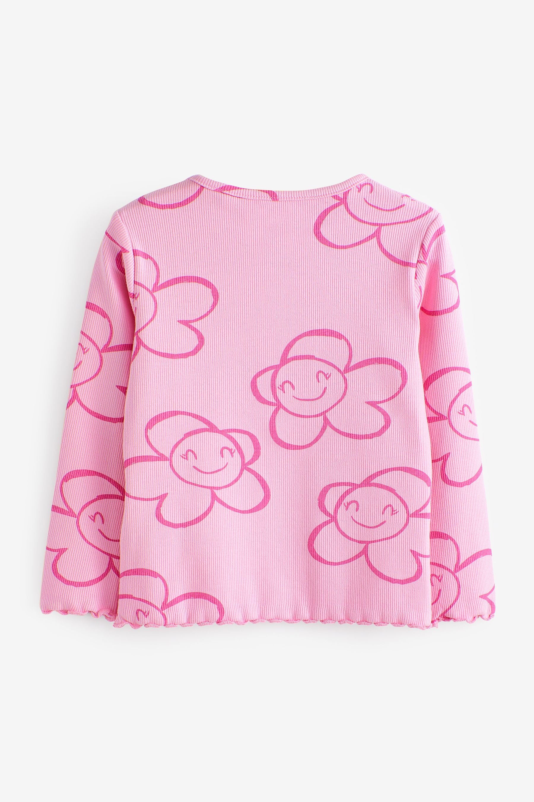 Pink Smile Flower Cotton Rich Long Sleeve Rib T-Shirt (3mths-7yrs)