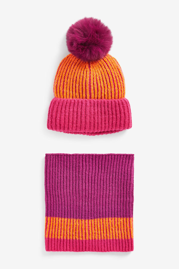 Orange/Pink Colourblock Hat & Scarf Set (1-16yrs) (1-13yrs)