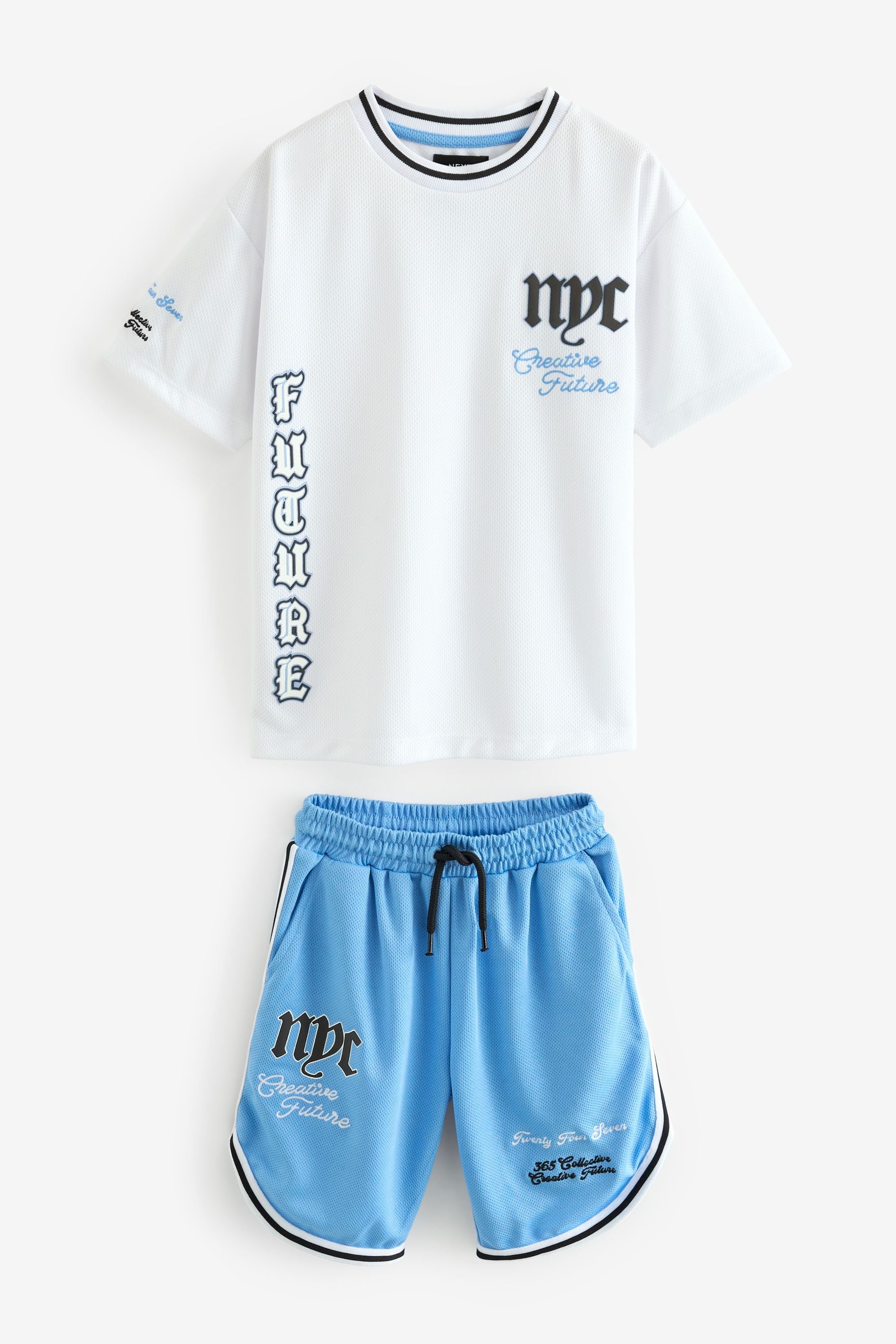 White/Blue NYC Mesh T-Shirt and Shorts Set (3-16yrs)