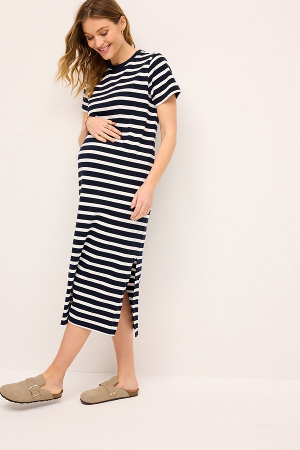 Navy Blue Maternity Stripe T-Shirt Dress