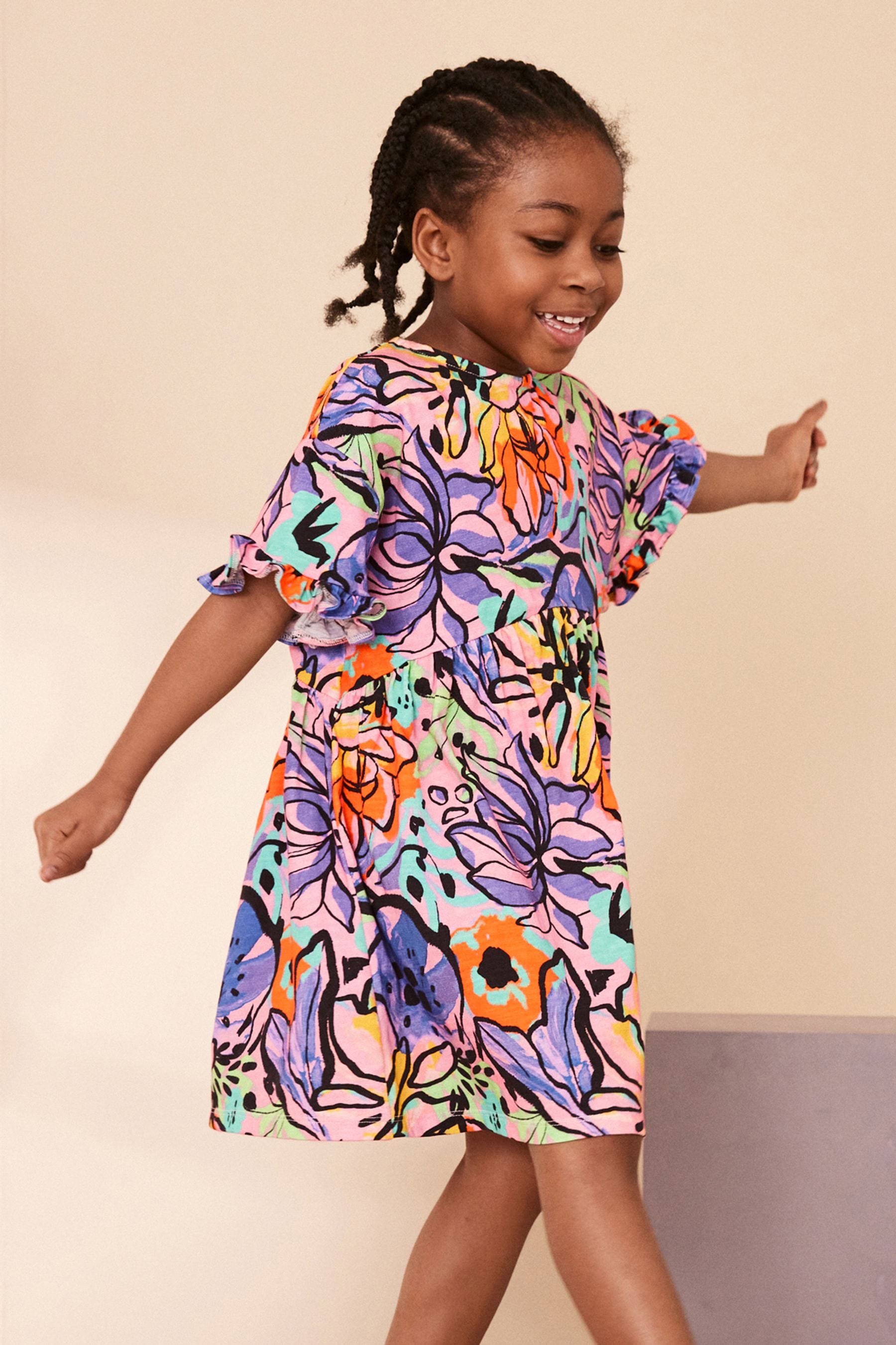 Purple Tropical Print Short Sleeve 100% Cotton Jersey Dress (3-16yrs)