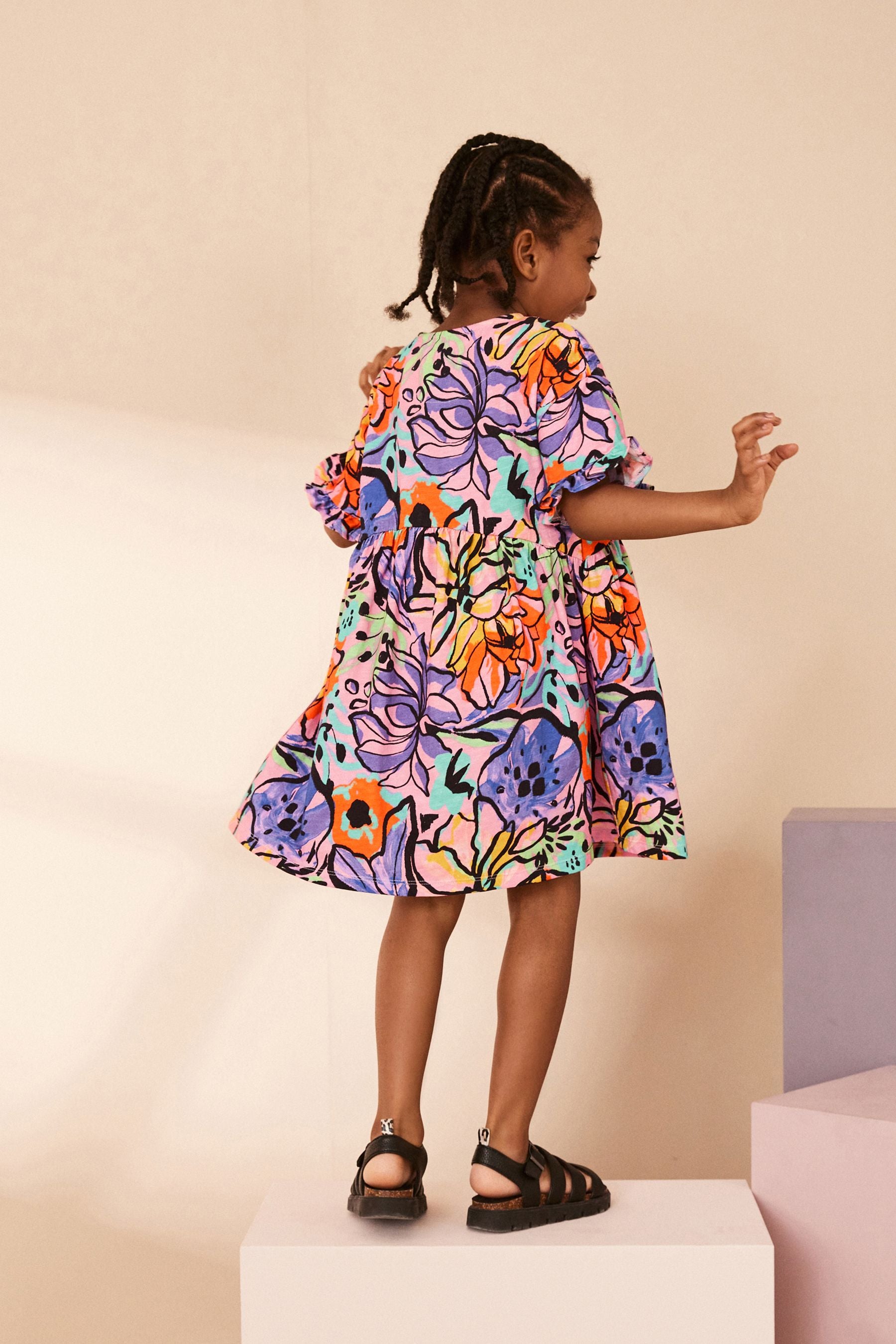 Purple Tropical Print Short Sleeve 100% Cotton Jersey Dress (3-16yrs)