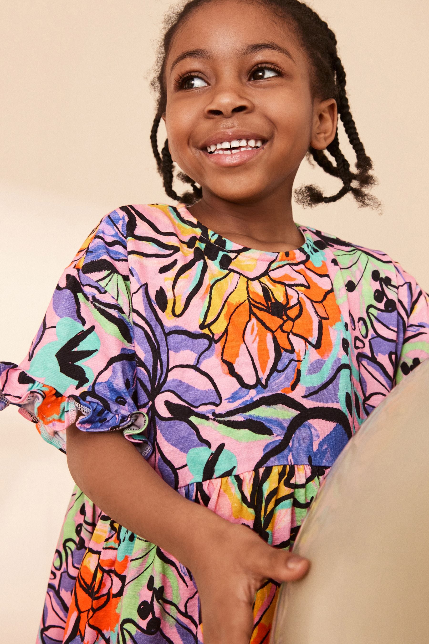 Purple Tropical Print Short Sleeve 100% Cotton Jersey Dress (3-16yrs)