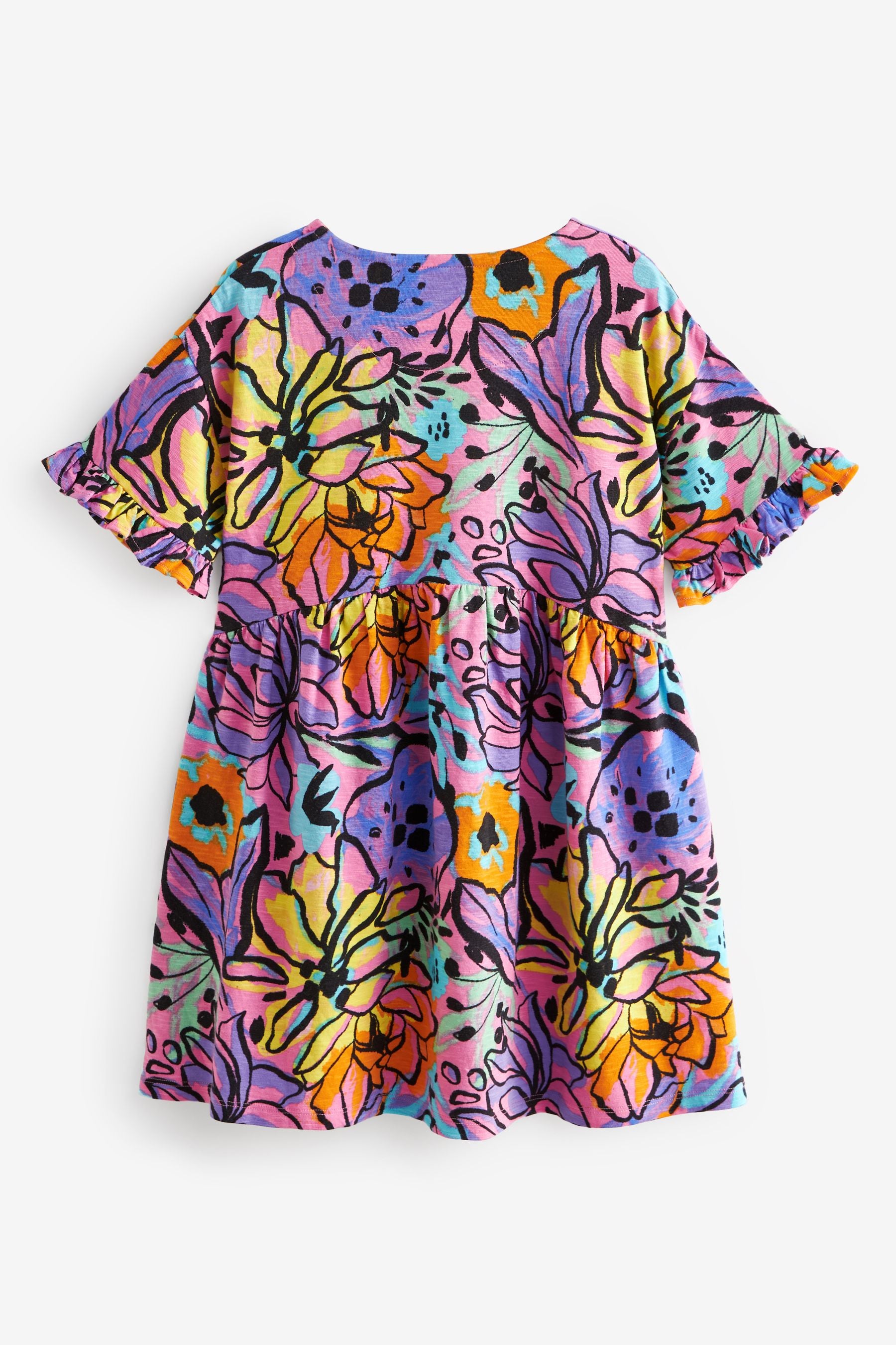 Purple Tropical Print Short Sleeve 100% Cotton Jersey Dress (3-16yrs)