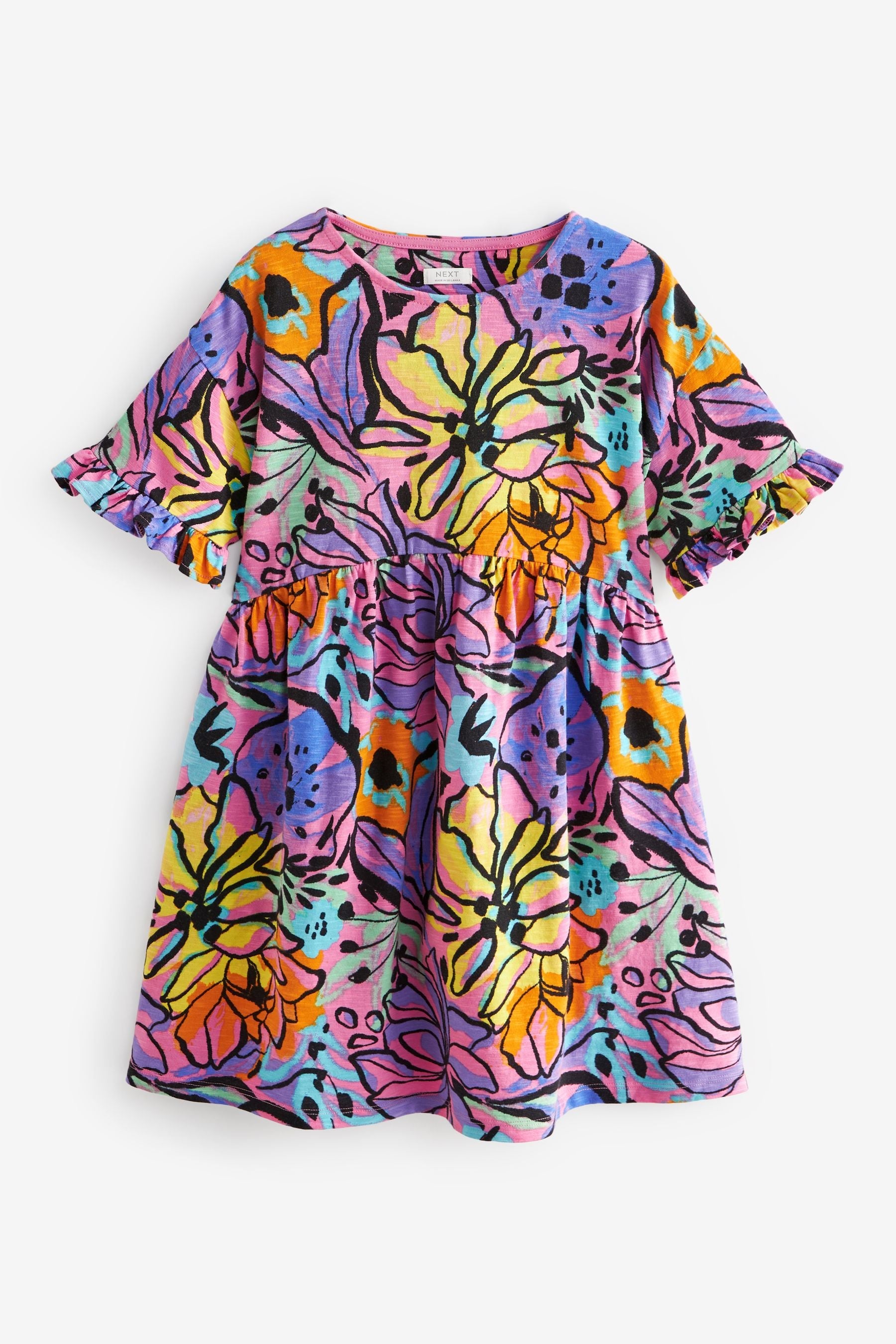 Purple Tropical Print Short Sleeve 100% Cotton Jersey Dress (3-16yrs)