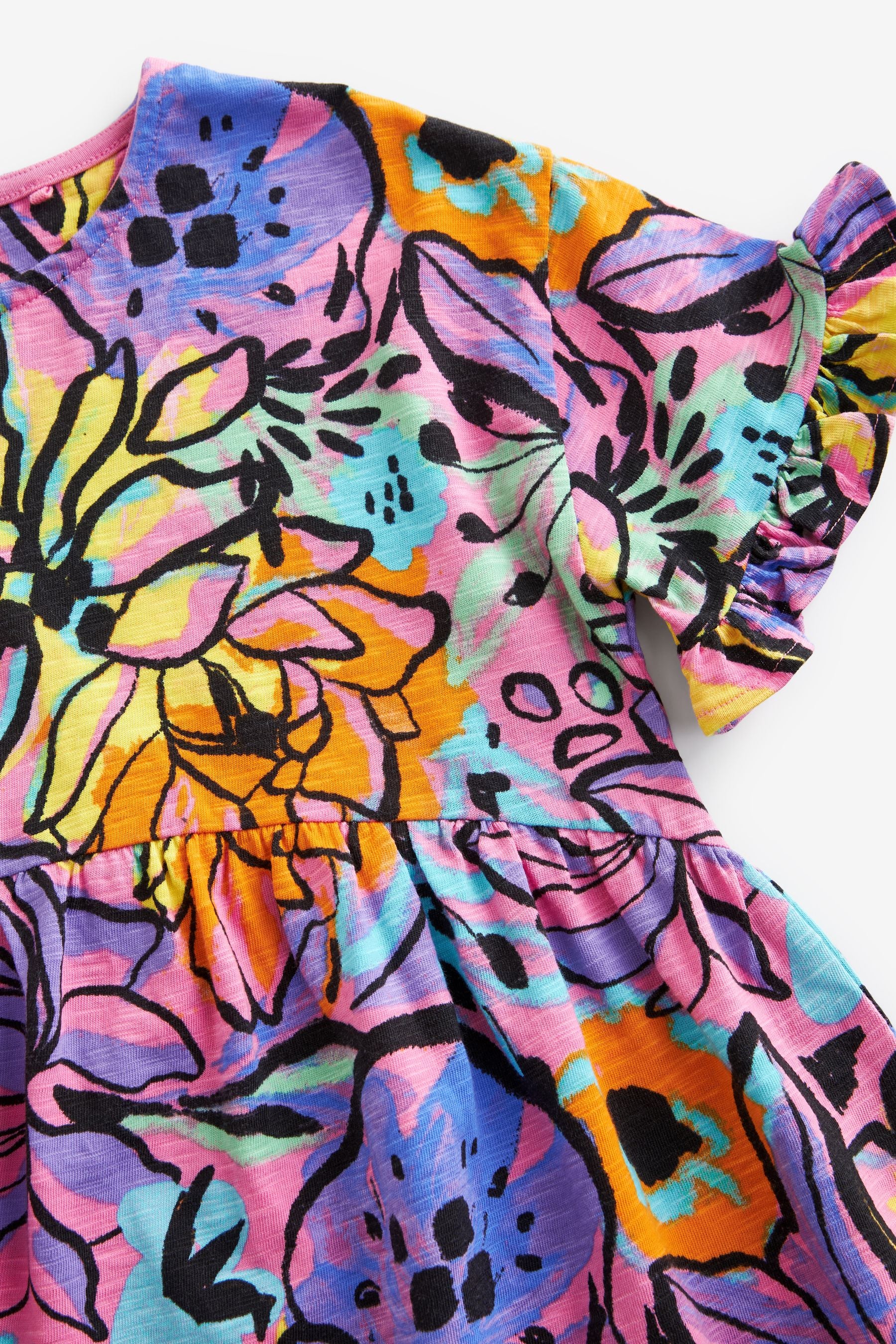 Purple Tropical Print Short Sleeve 100% Cotton Jersey Dress (3-16yrs)