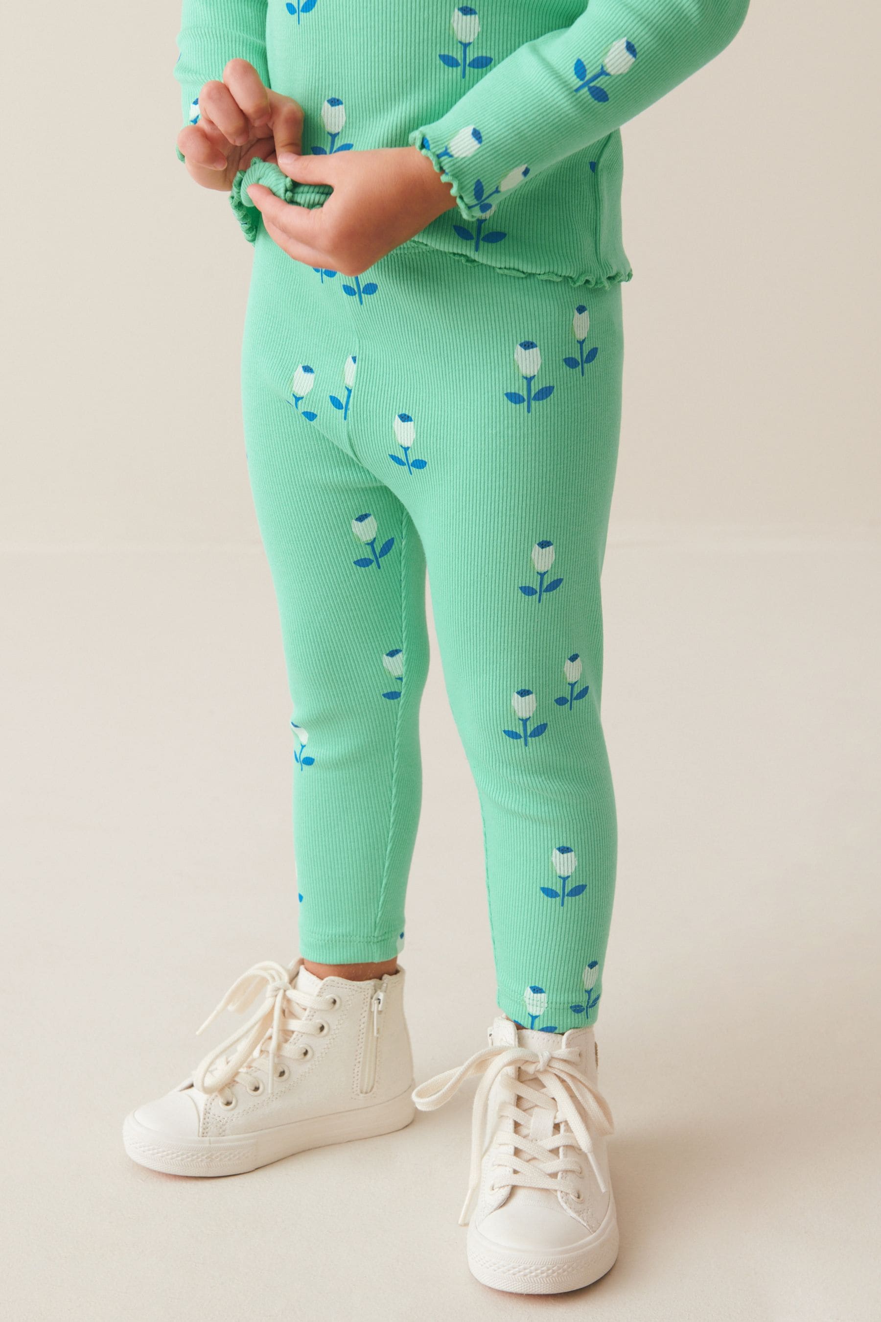 Green Flower Rib Jersey Leggings (3mths-7yrs)