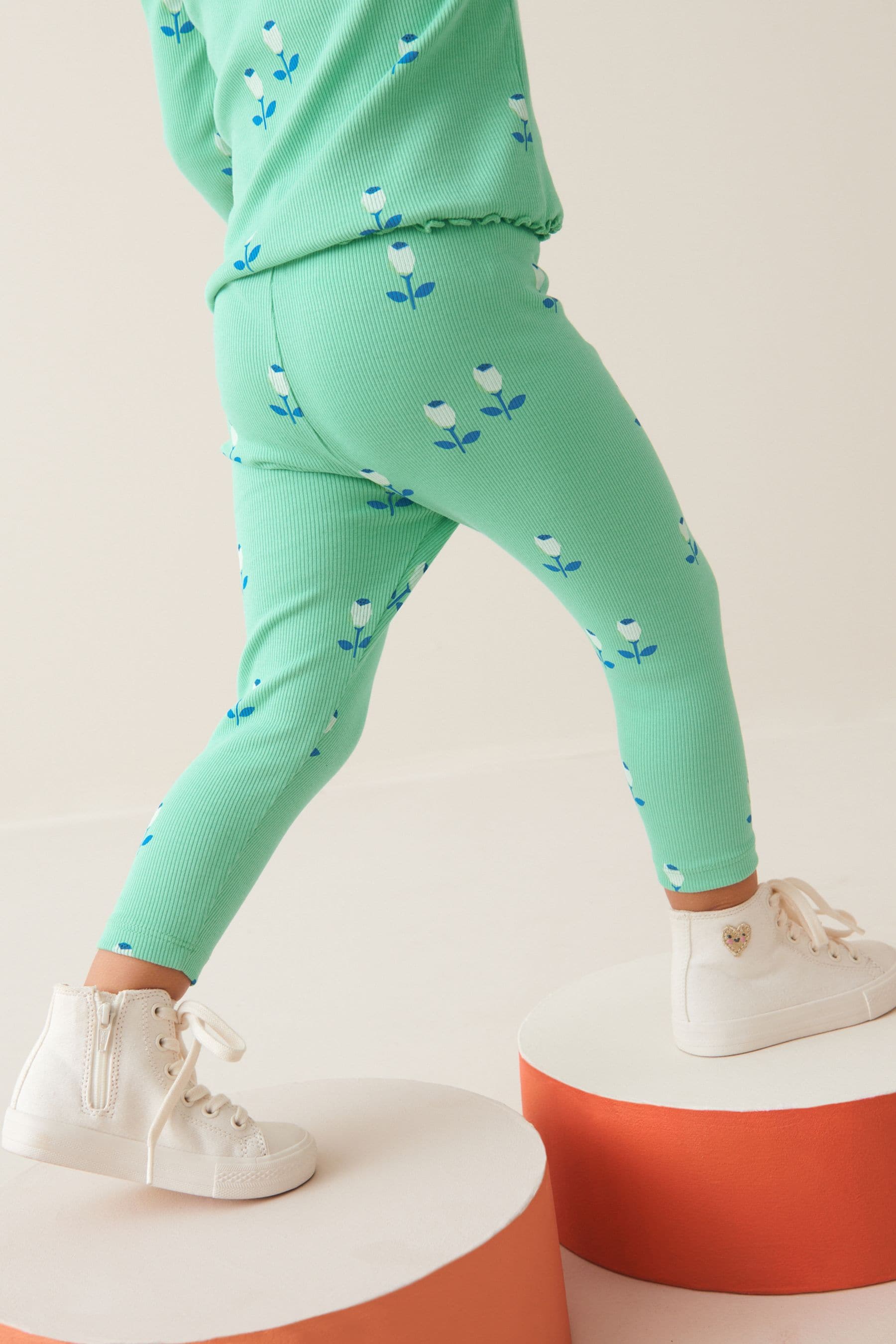 Green Flower Rib Jersey Leggings (3mths-7yrs)