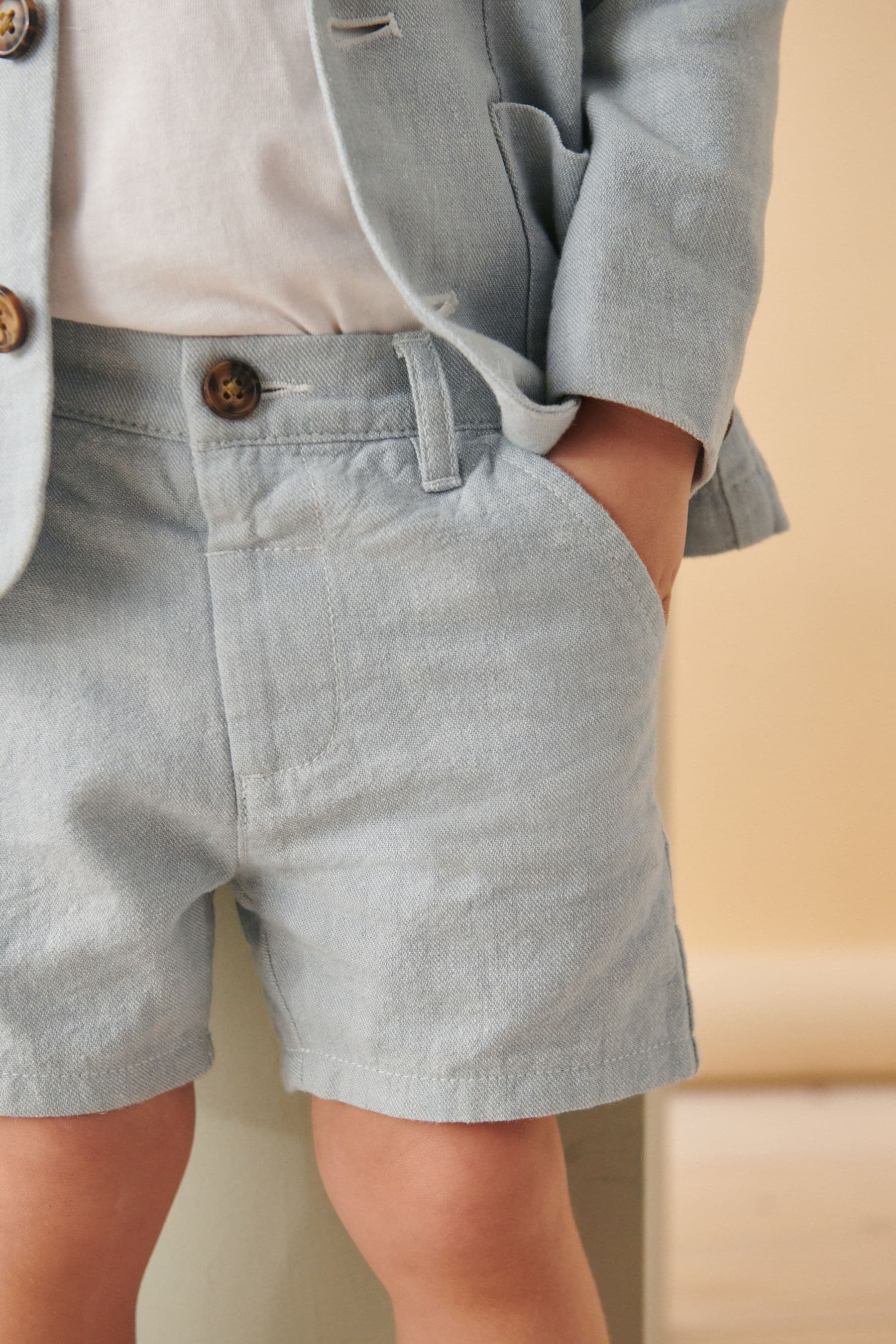 Pale Blue Linen Blend Blazer T-Shirt and Shorts Set (3mths-9yrs)