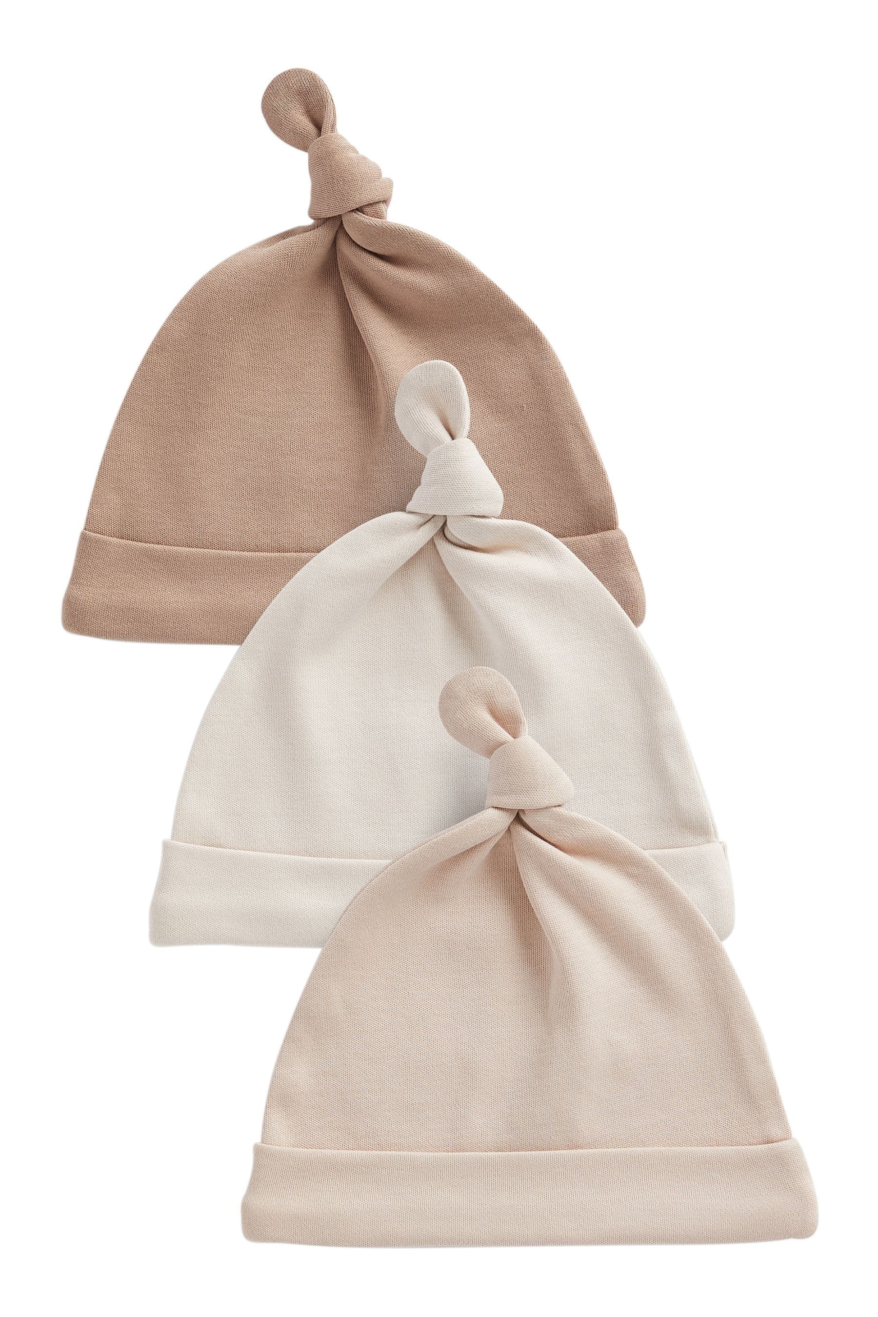 Neutral 3 Pack Tie Top Baby Hats (0-12mths)