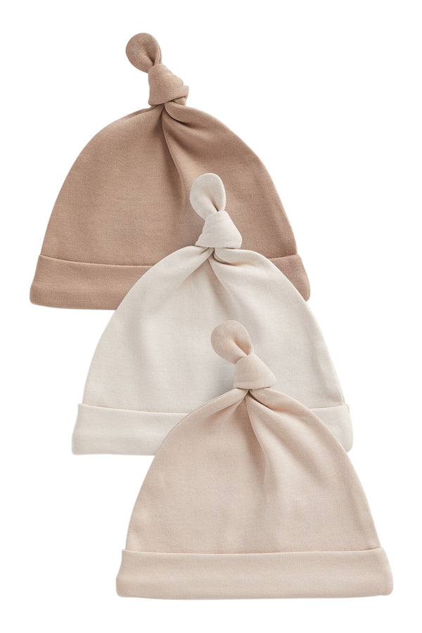 Neutral 3 Pack 100% Cotton Tie Top Baby Hats (0-12mths)