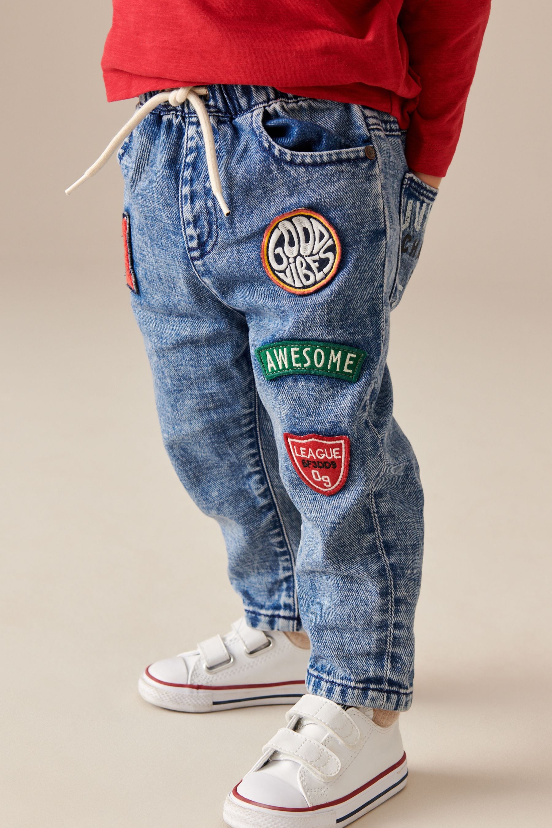 Blue Denim Pull On Badged 100% Cotton Jeans (3mths-7yrs)