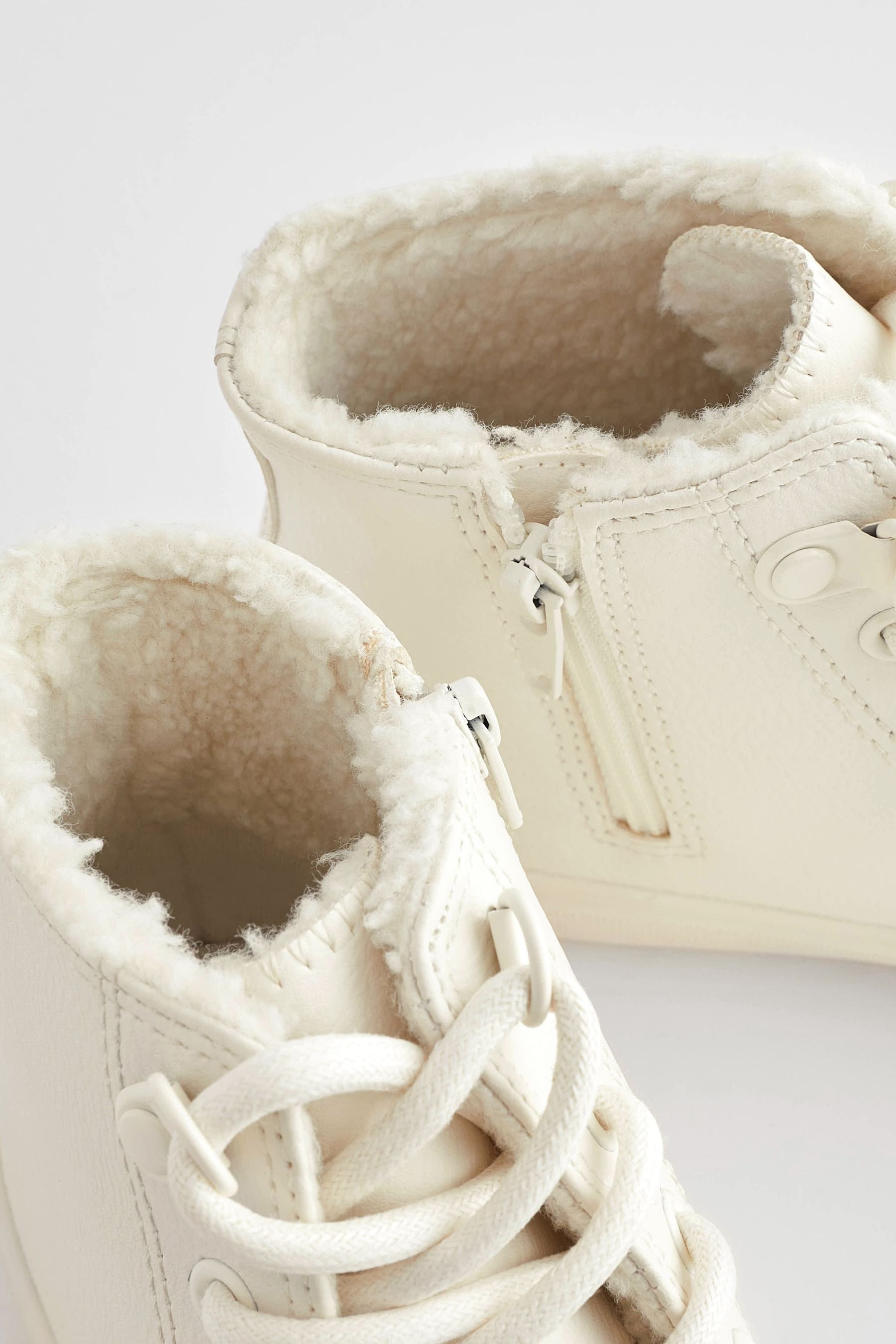 White Faux Fur Lined Lace-Up High Top Trainers