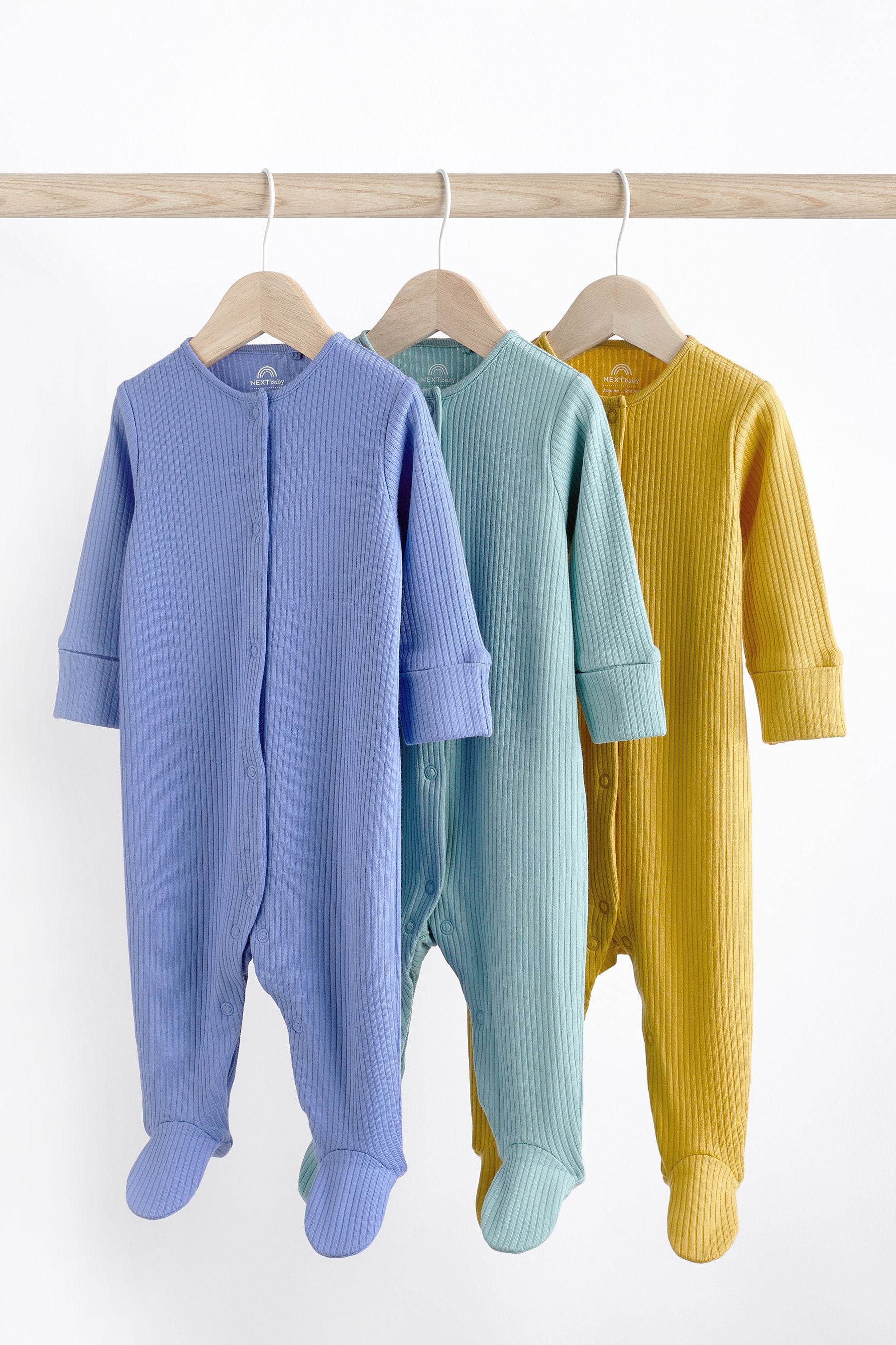 Blue/Green/Yellow Baby Cotton Sleepsuits 3 Pack (0-3yrs)