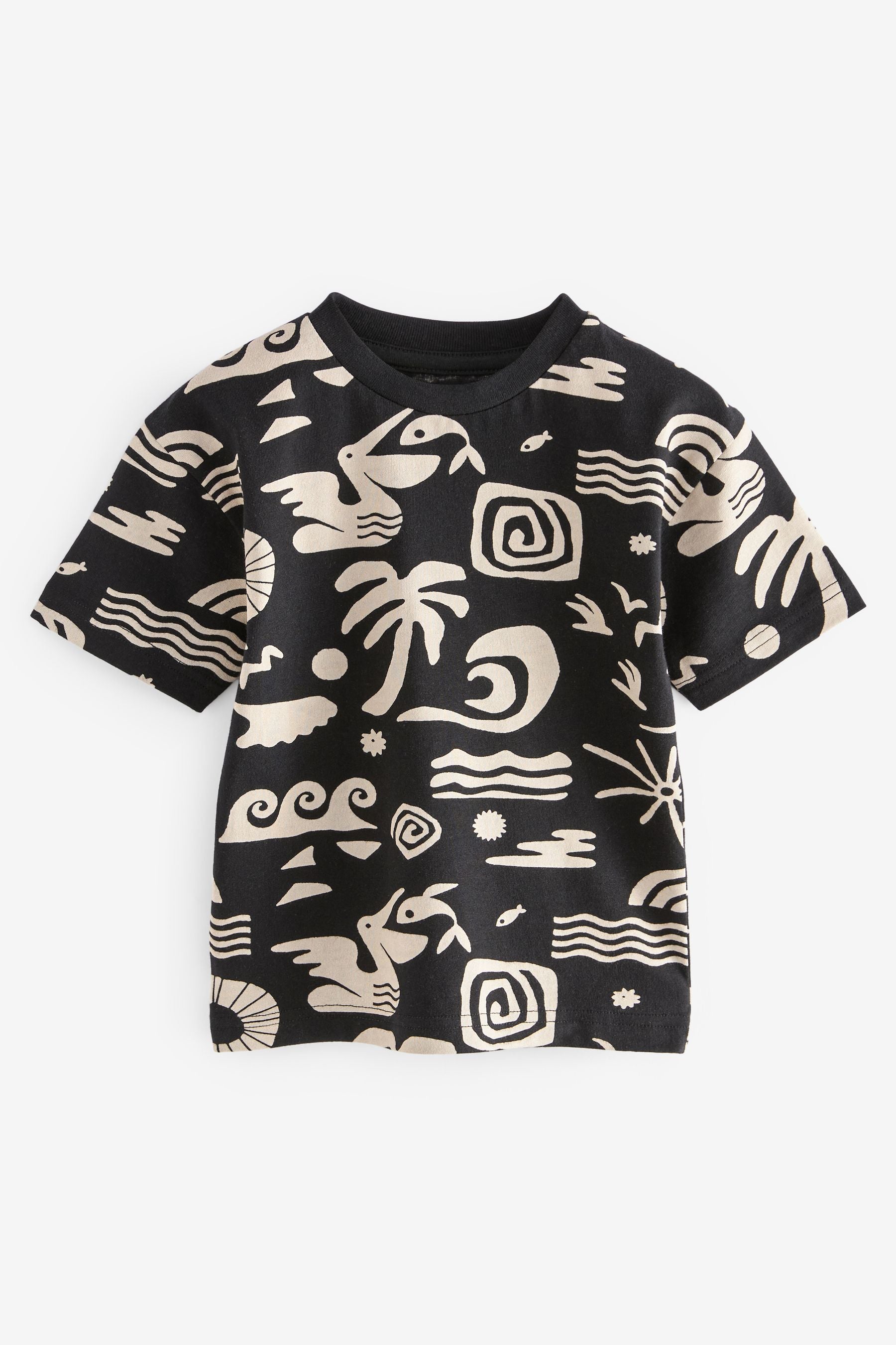 Black/Ecru All-Over Print 100% Cotton Short Sleeve T-Shirt (3mths-7yrs)